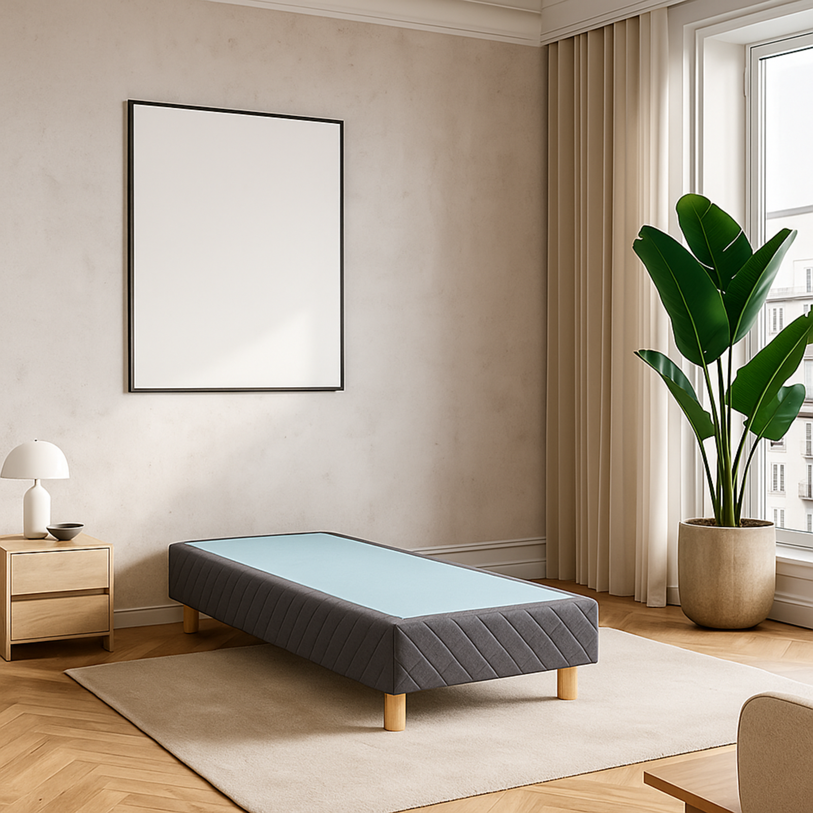 Upholstered bed base, fabric border, wooden frame - Comfort Collection