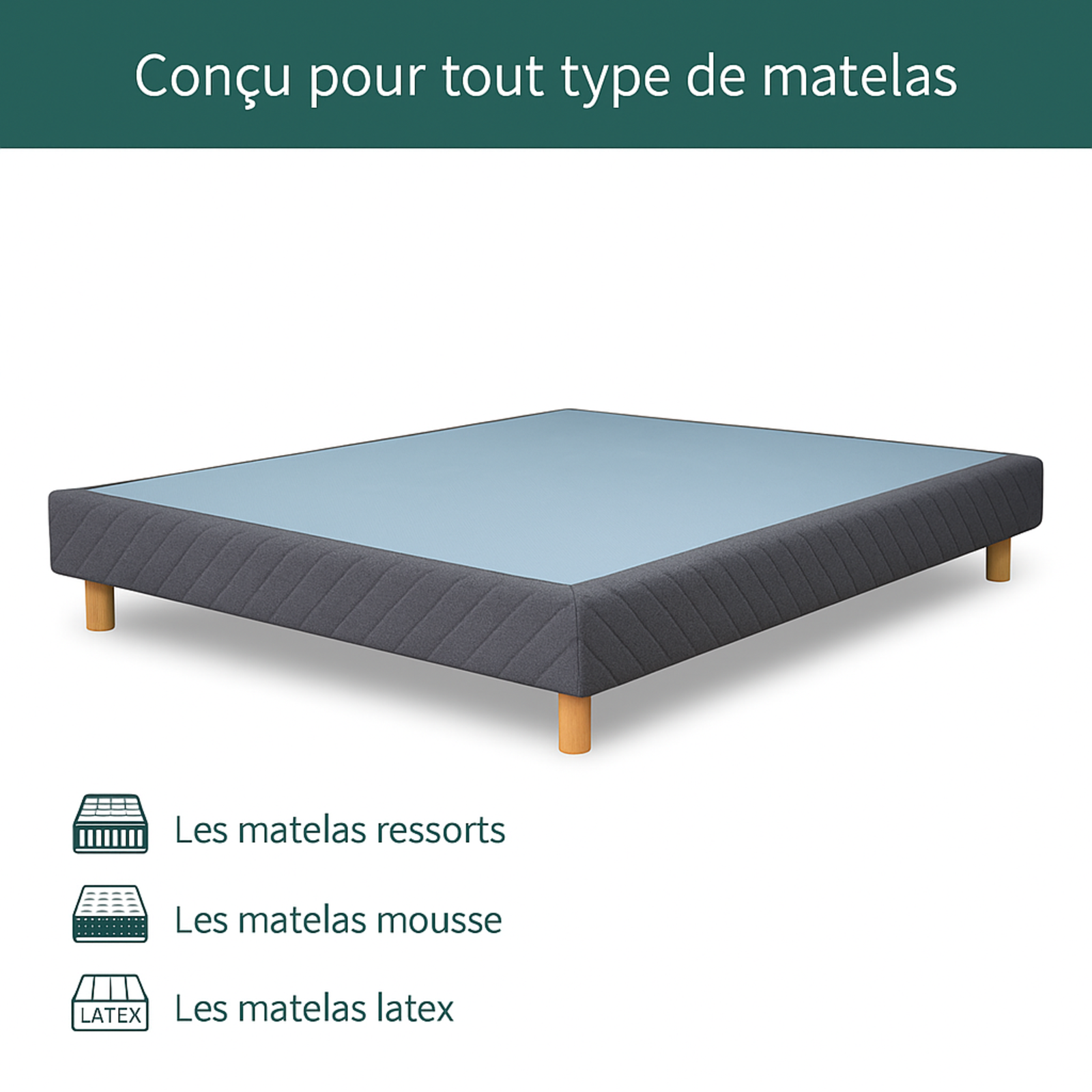 Sommier tapissier, contour tissu, structure bois, lattes flexibles - Collection Confort