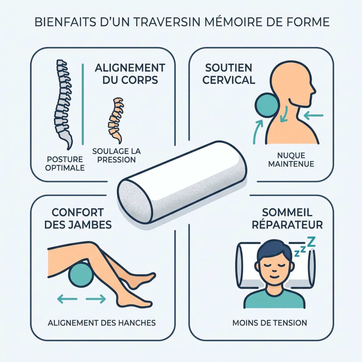Traversin Ergonomique Mémoire de Forme Housse Bambou - Collection Naturelle
