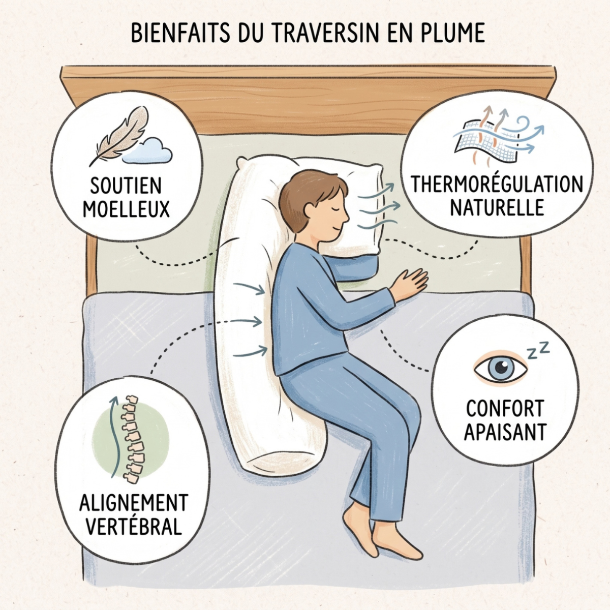 Traversin Moelleux 100% Plume de Canard Housse Bambou - Collection Confort