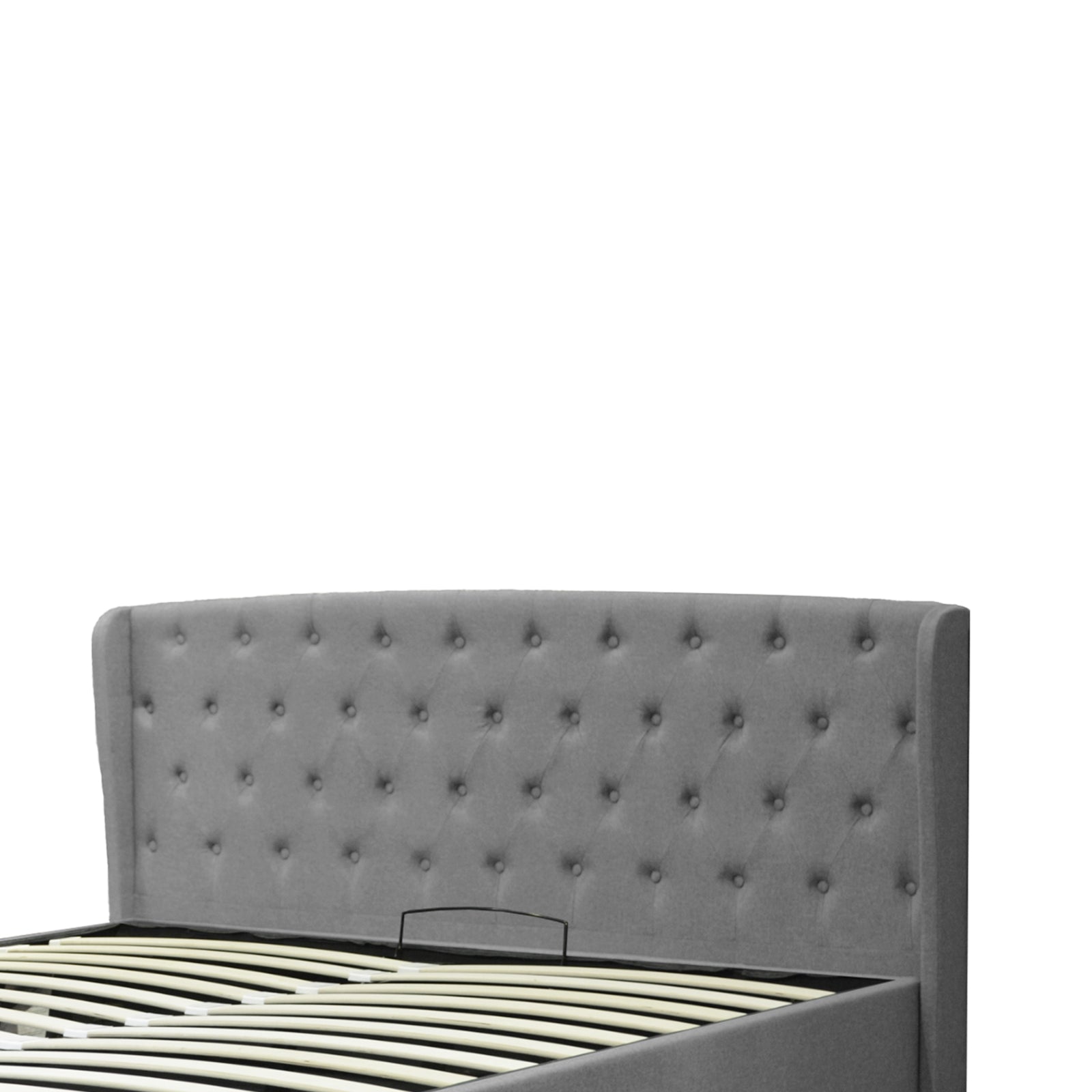Lit coffre sommier relevable Monceau capitonné chic : tissu ou simili cuir et sommier à lattes en bois flexibles