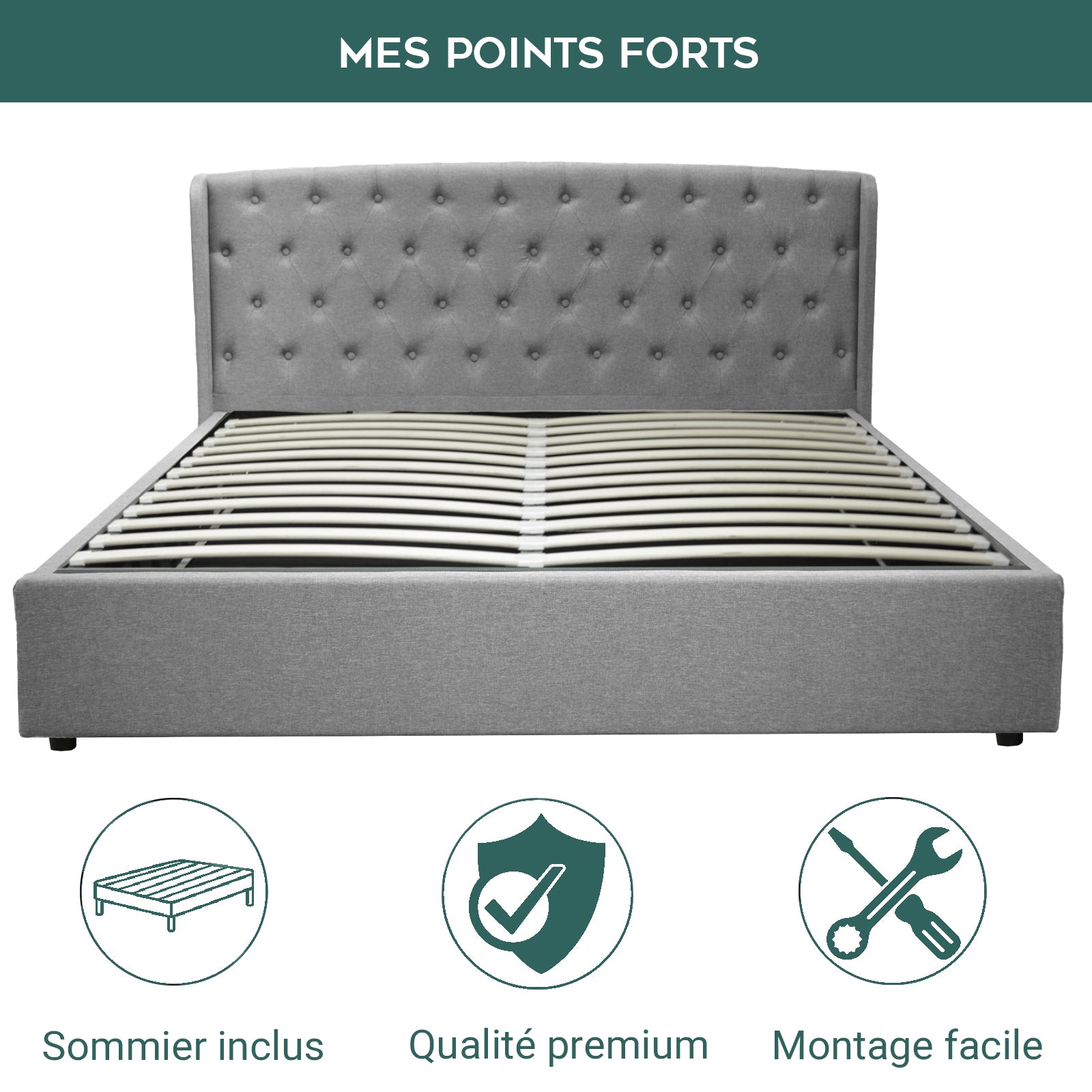 Lit coffre sommier relevable Monceau capitonné chic : tissu ou simili cuir et sommier à lattes en bois flexibles