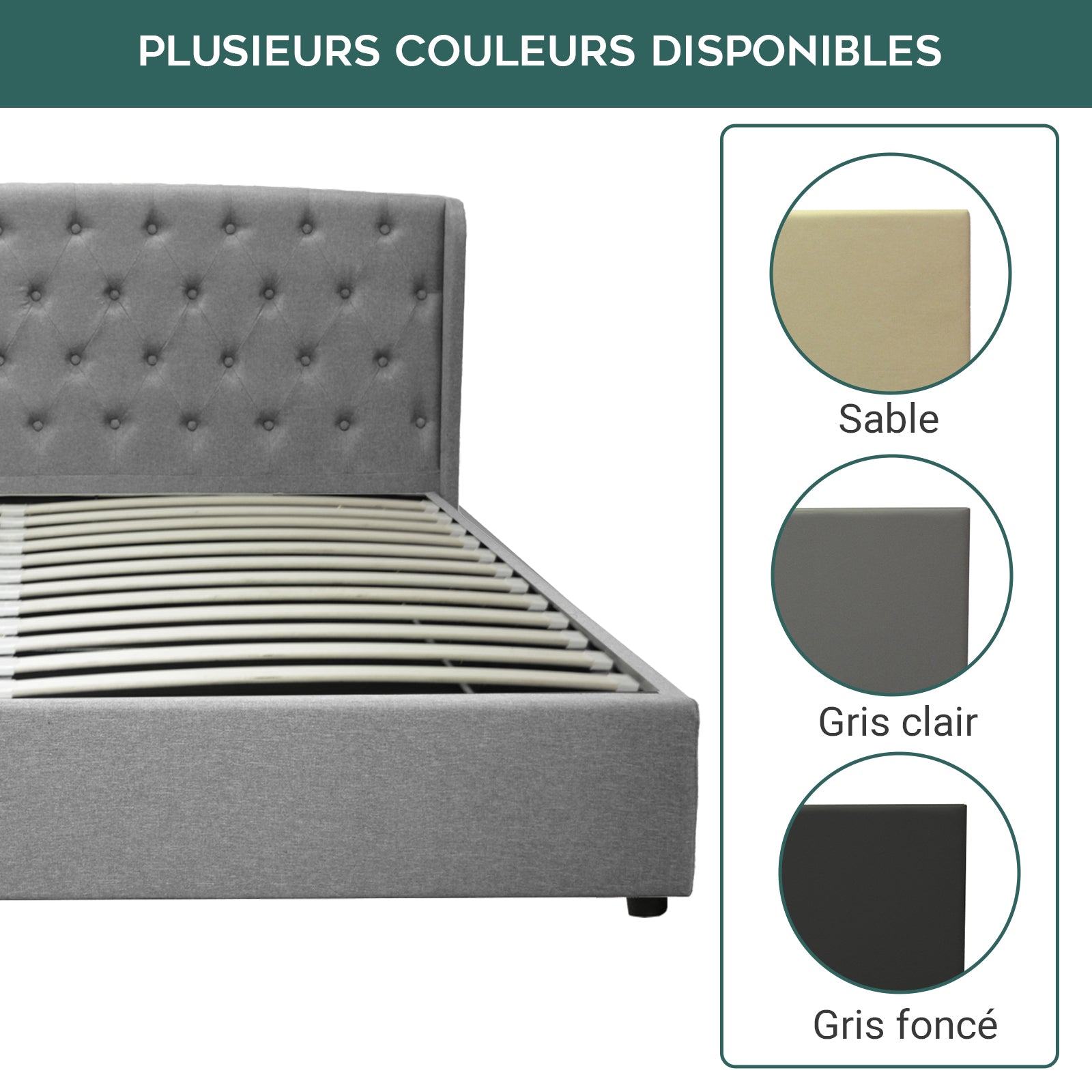 Lit coffre sommier relevable Monceau capitonné chic : tissu ou simili cuir et sommier à lattes en bois flexibles