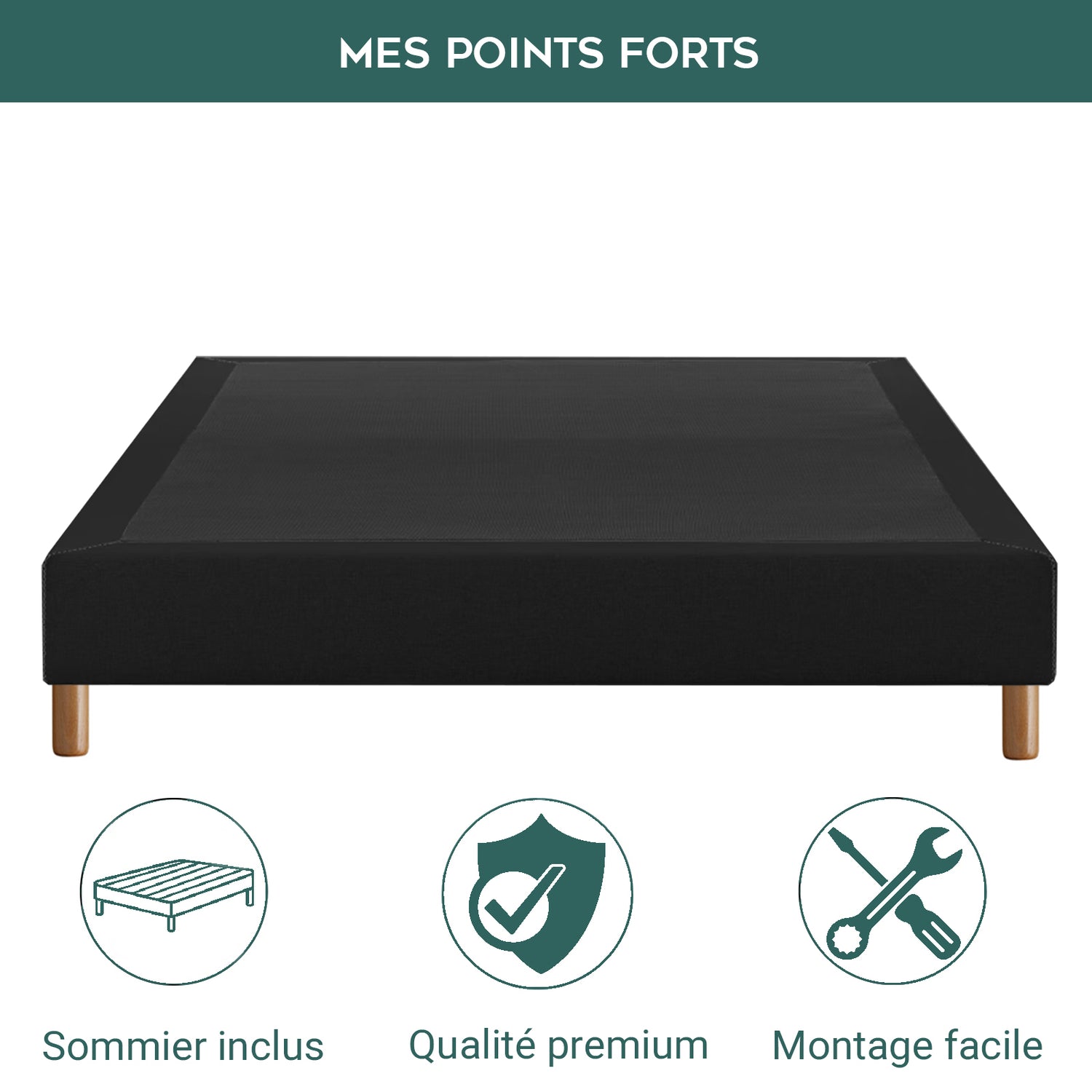 Sommier tissu, cadre de lit, pieds bois, maintien bassin - Collection Deco