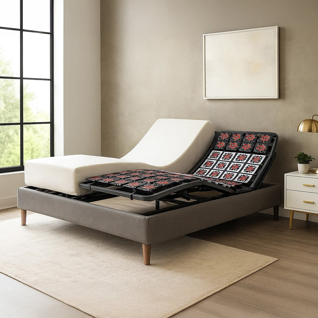 Pack lit électrique orthopédique, simili cuir gris, matelas inclus - Collection Technoflex