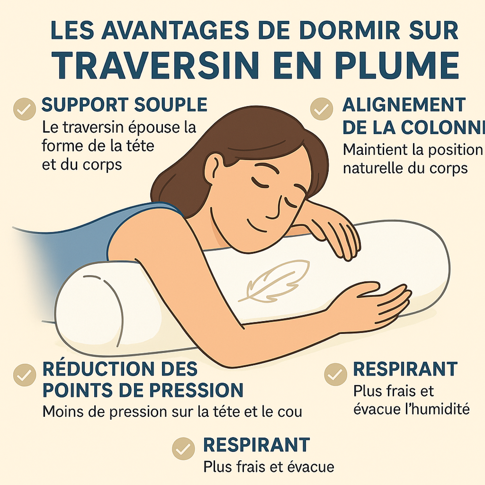Traversin plume Luxe : ergonomique et tissu coton