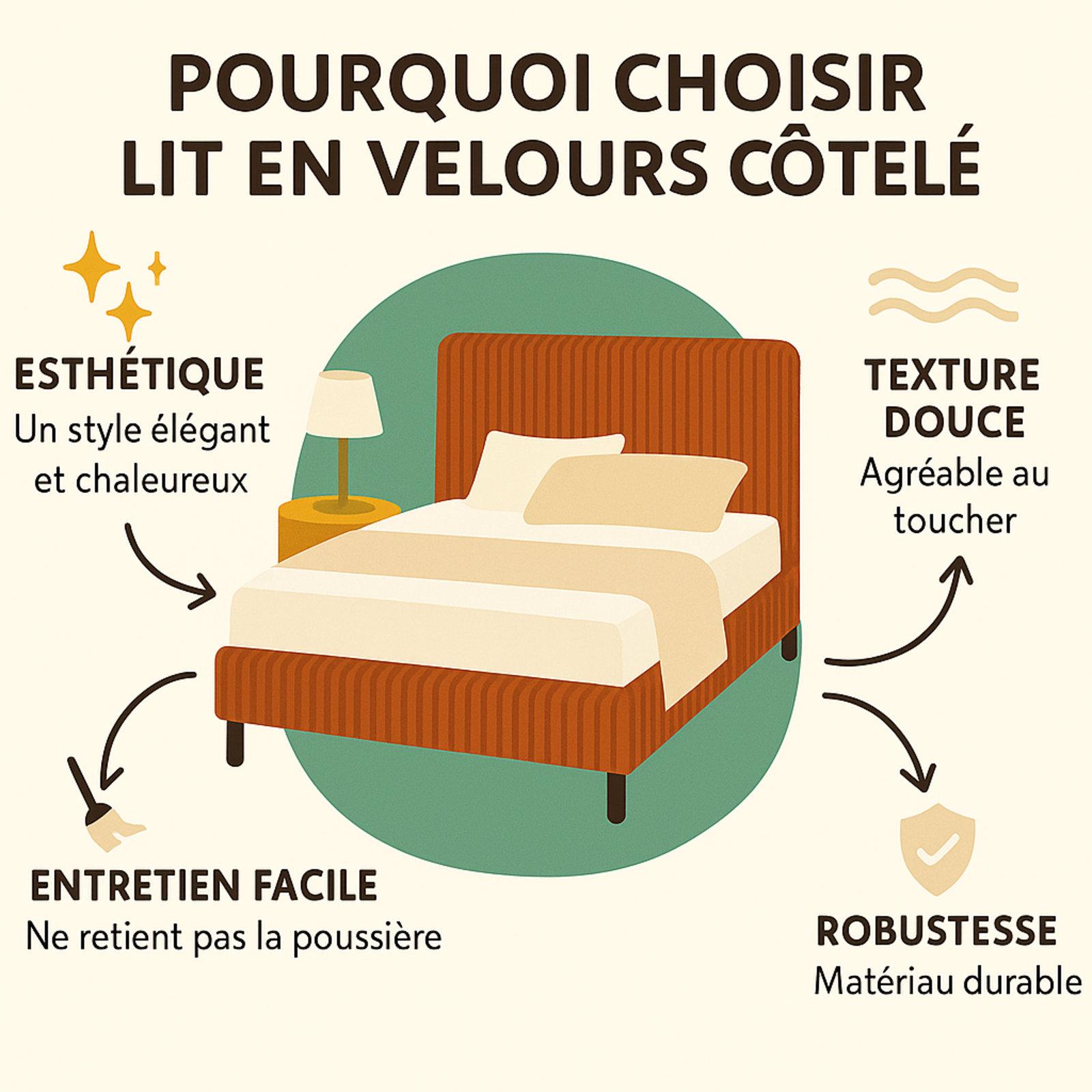Lit Prince en velours côtelé : sommier et tête de lit