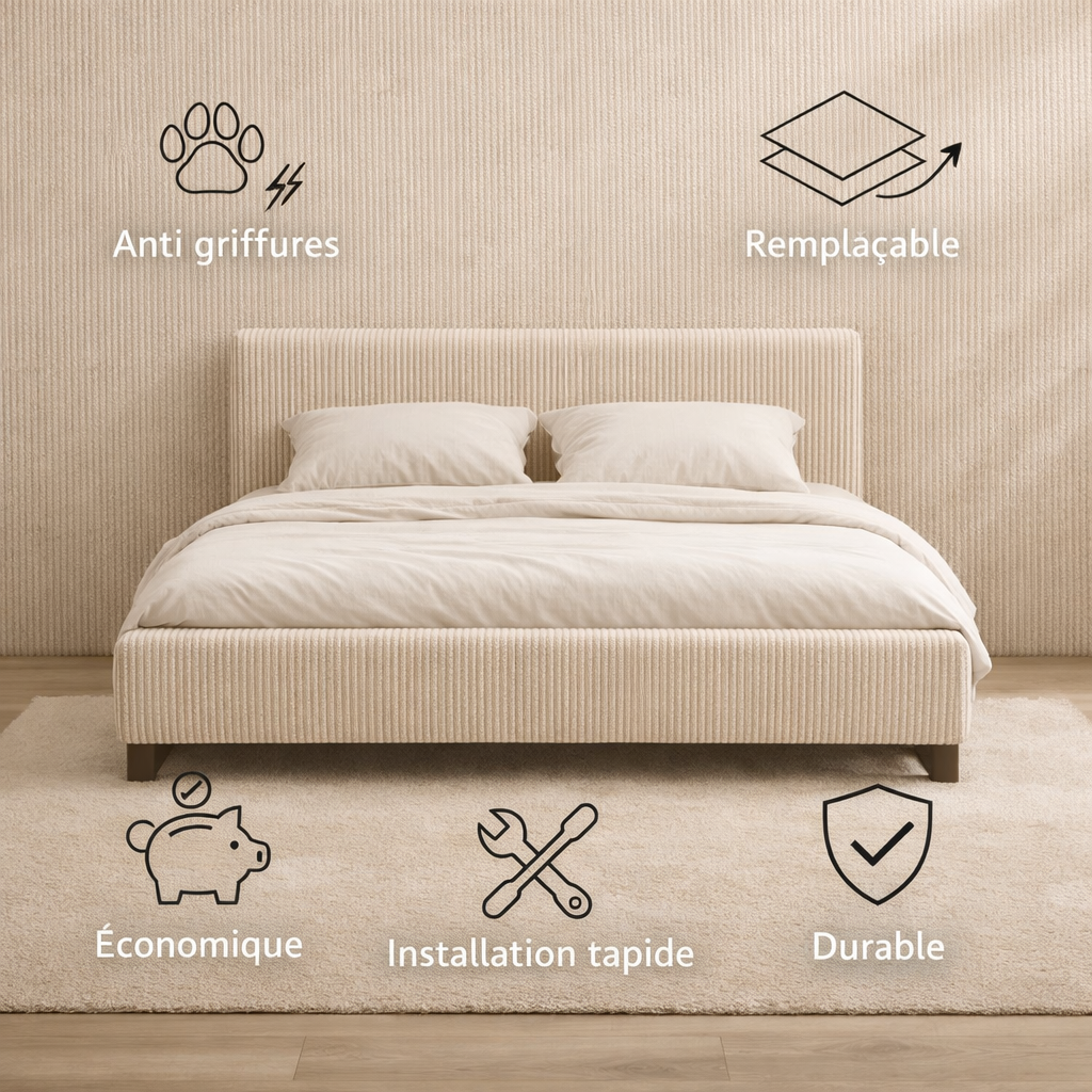 Housse structure lit fixe velours côtelé sable
