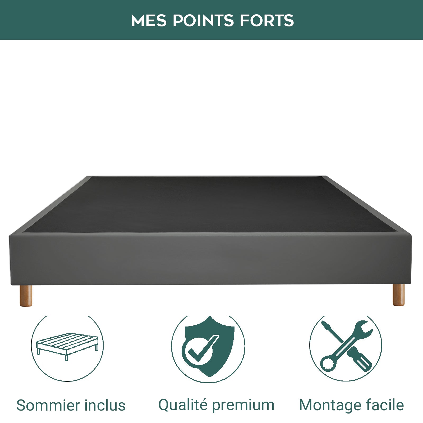 Sommier simili cuir, cadre de lit et pieds bois, maintien bassin - Collection Deco