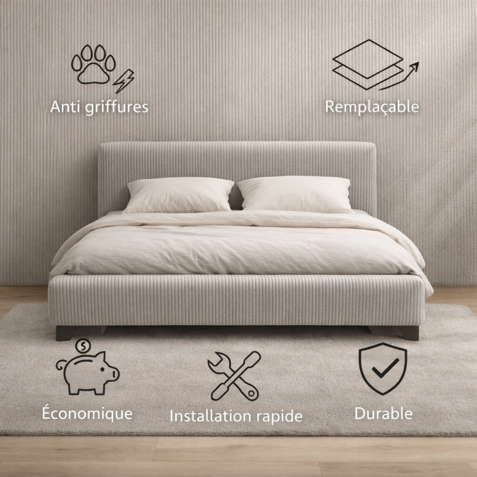 Tête de lit avec housse velours côtelé gris