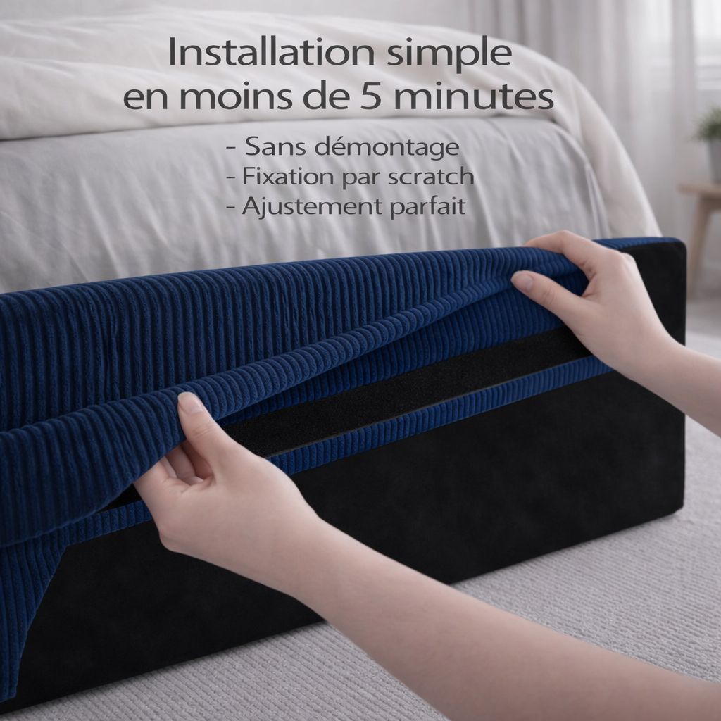 Housse structure lit coffre velours côtelé bleu