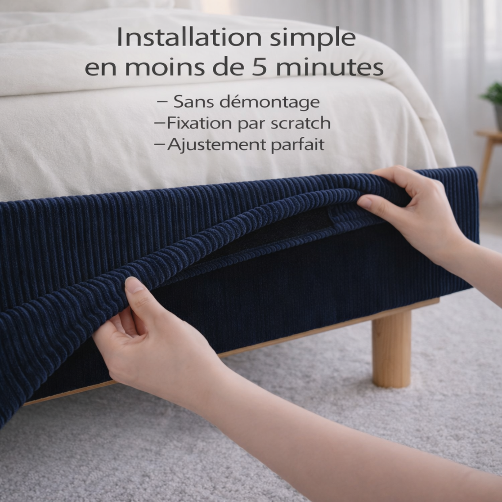 Housse structure lit fixe velours côtelé bleu