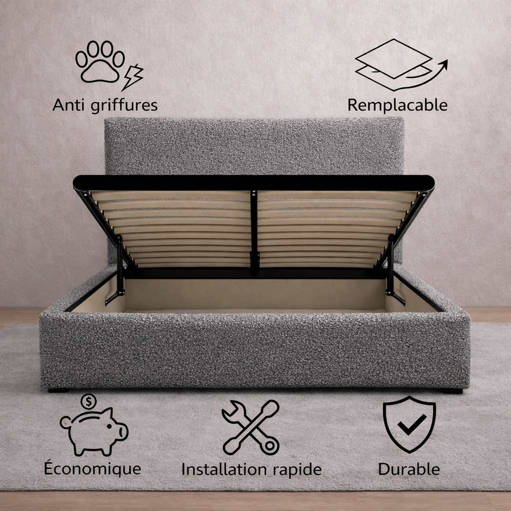 Housse structure lit coffre bouclette gris