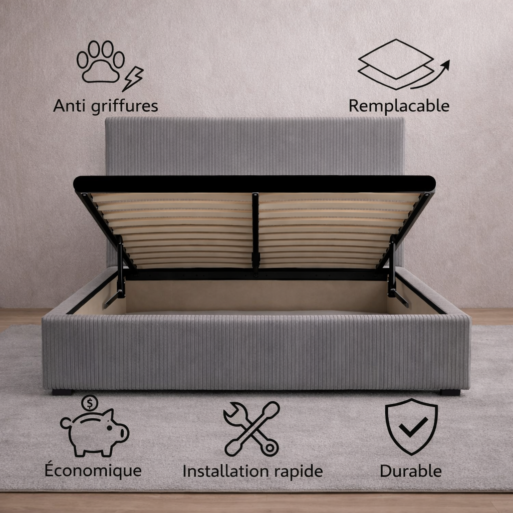 Housse structure lit coffre velours côtelé gris