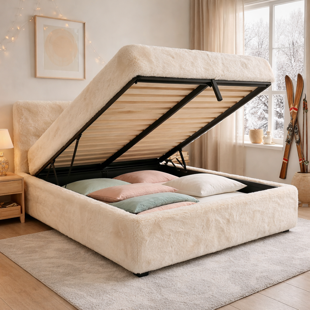 Lit coffre fourrure, tête de lit, grand espace de stockage - Collection Versailles