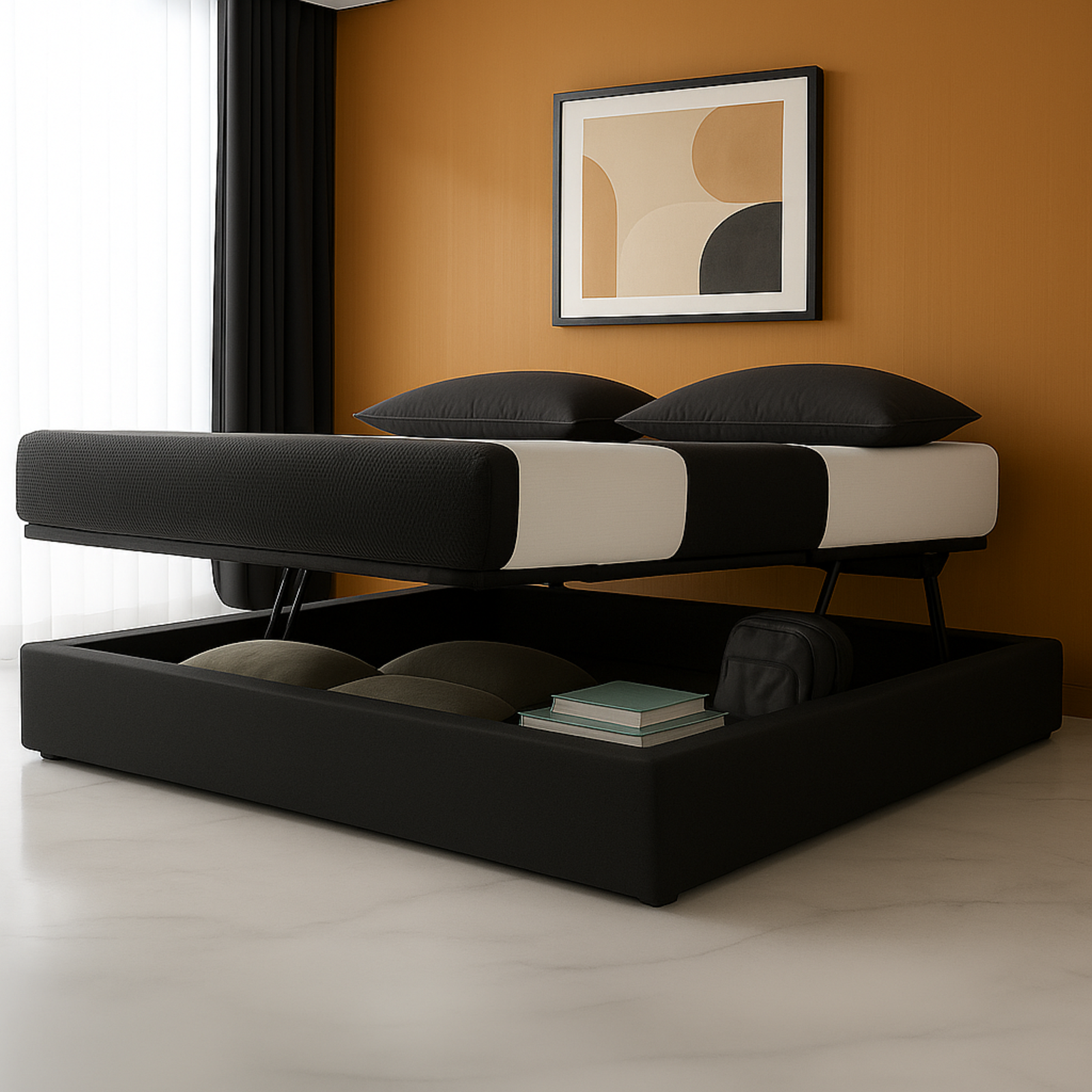 Lit coffre ouverture latérale et frontale tissu gris - Collection Parallèle