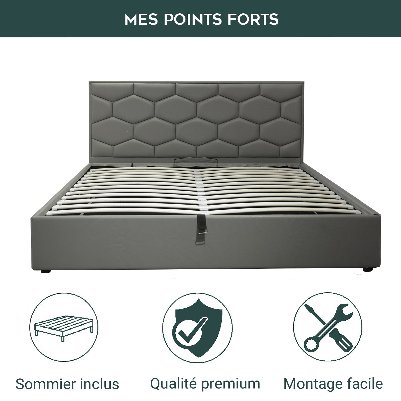 Lit coffre VariLuxe innovant - Tête de lit interchangeable : Simili cuir et grand coffre