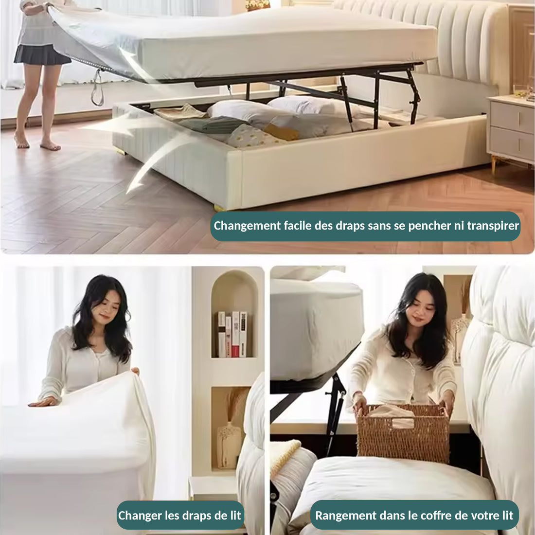 Lit coffre ouverture latérale et frontale tissu sable - Collection Parallèle