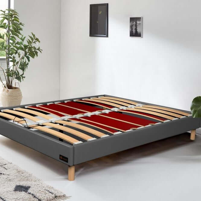 Anna Kunstleder- und Holzbettgestell: Rahmen und Beine aus Holz - Bettgestell mit flexiblen Holzlatten