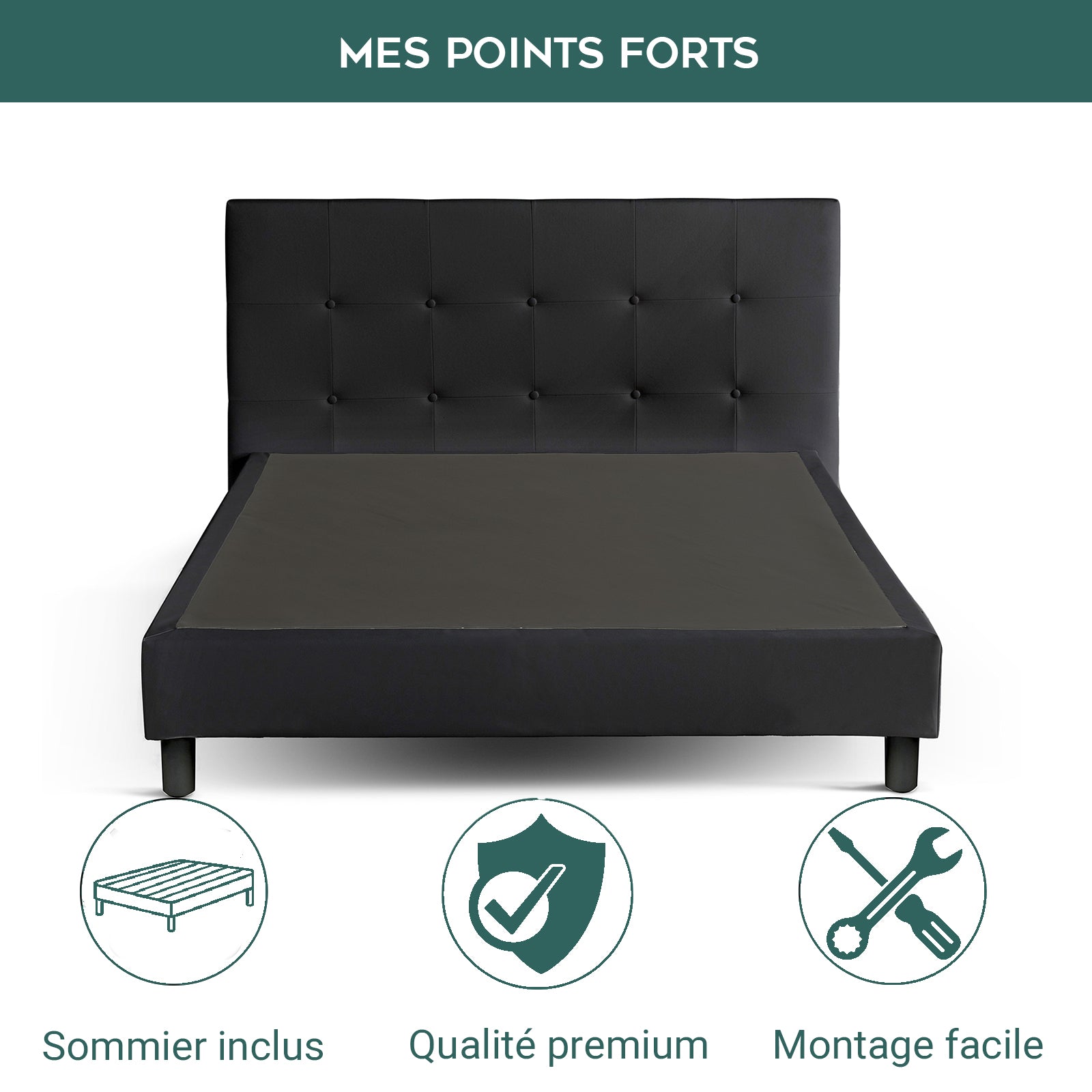 Lit capitonné Triomphe et contemporain : Simili cuir et sommier à lattes en bois