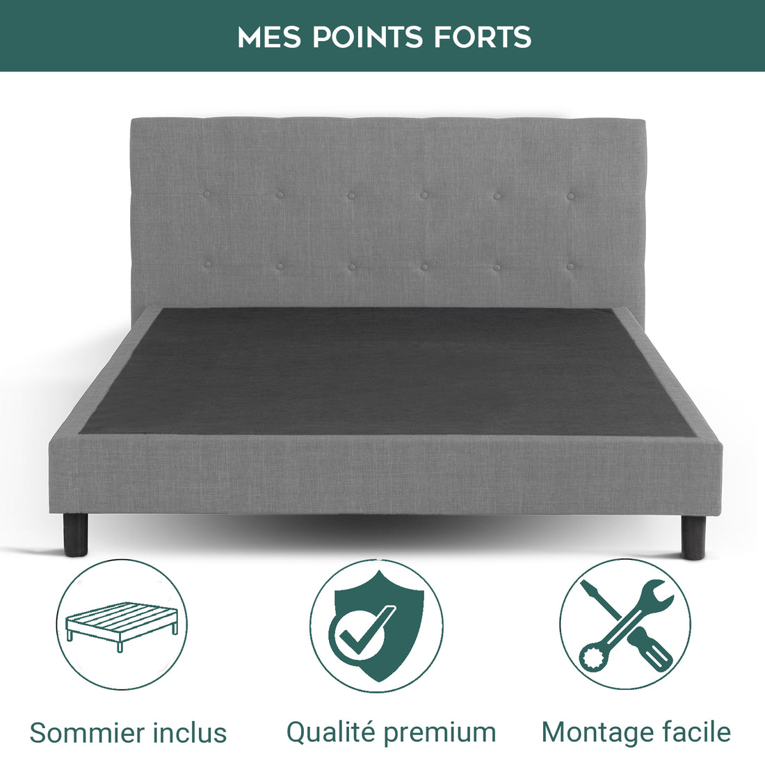 Lit capitonné Majestic moderne : tissu et sommier à lattes en bois