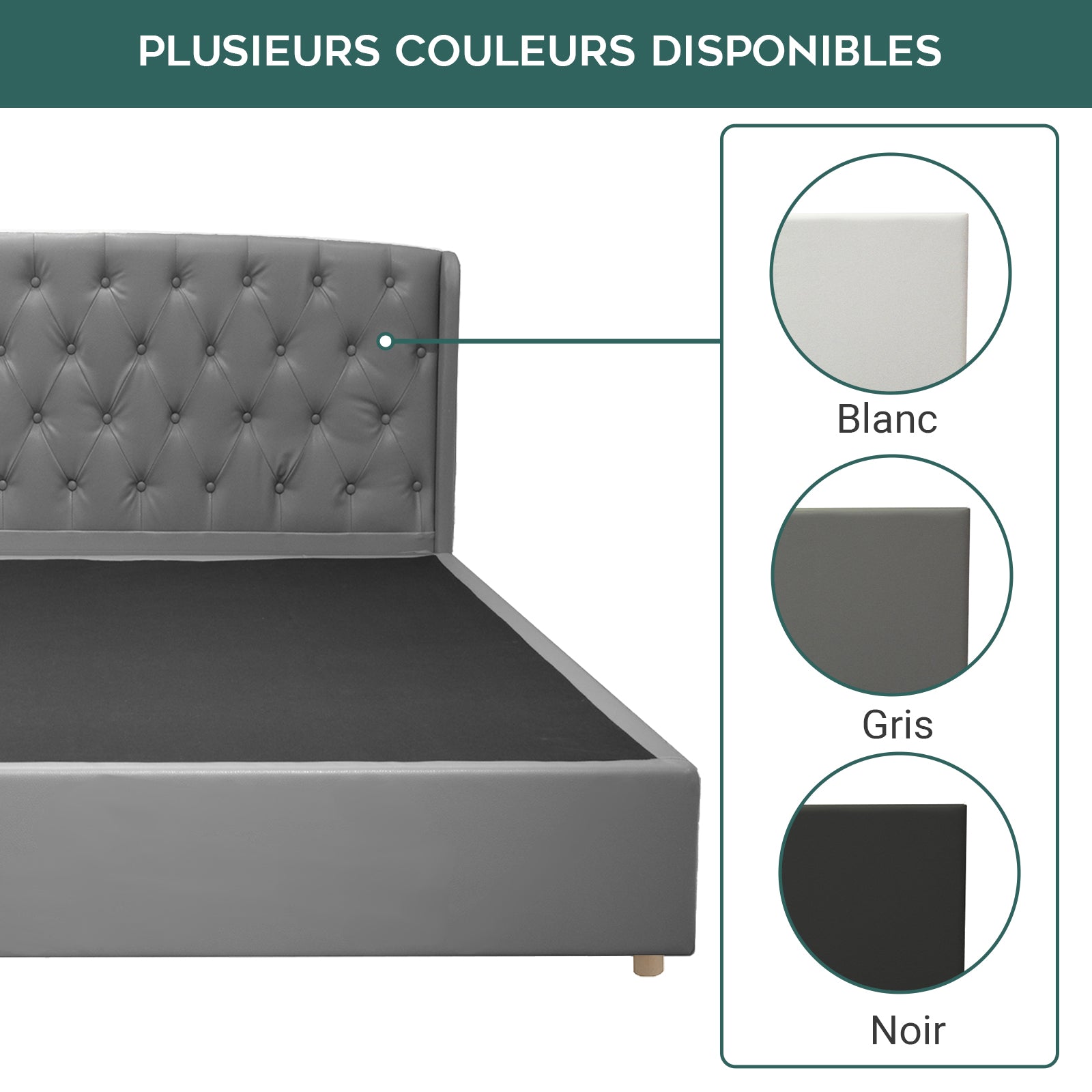 Lit capitonné Clémentine : simili cuir et sommier à lattes en bois