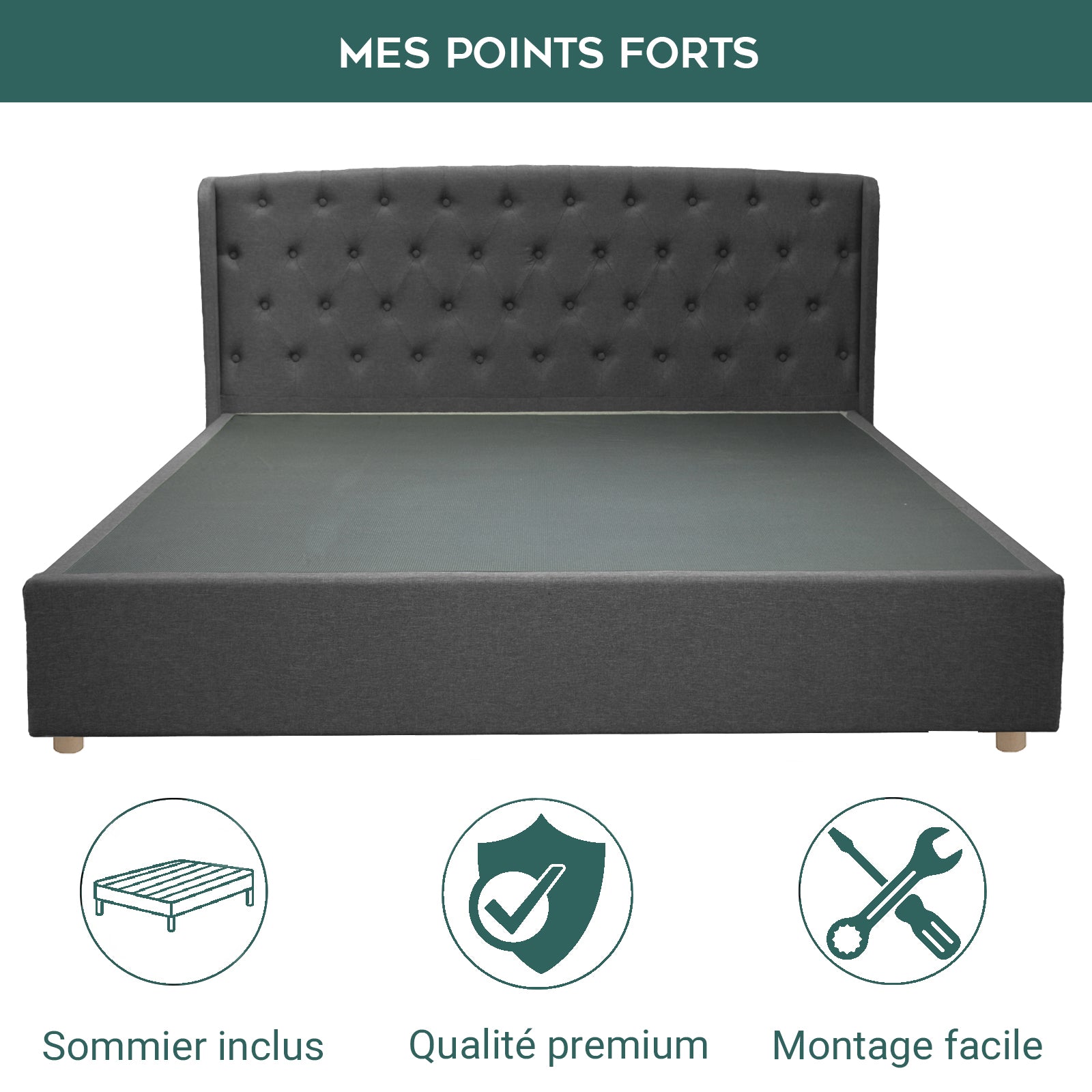 Lit capitonné Clémentine : tissu et sommier à lattes en bois