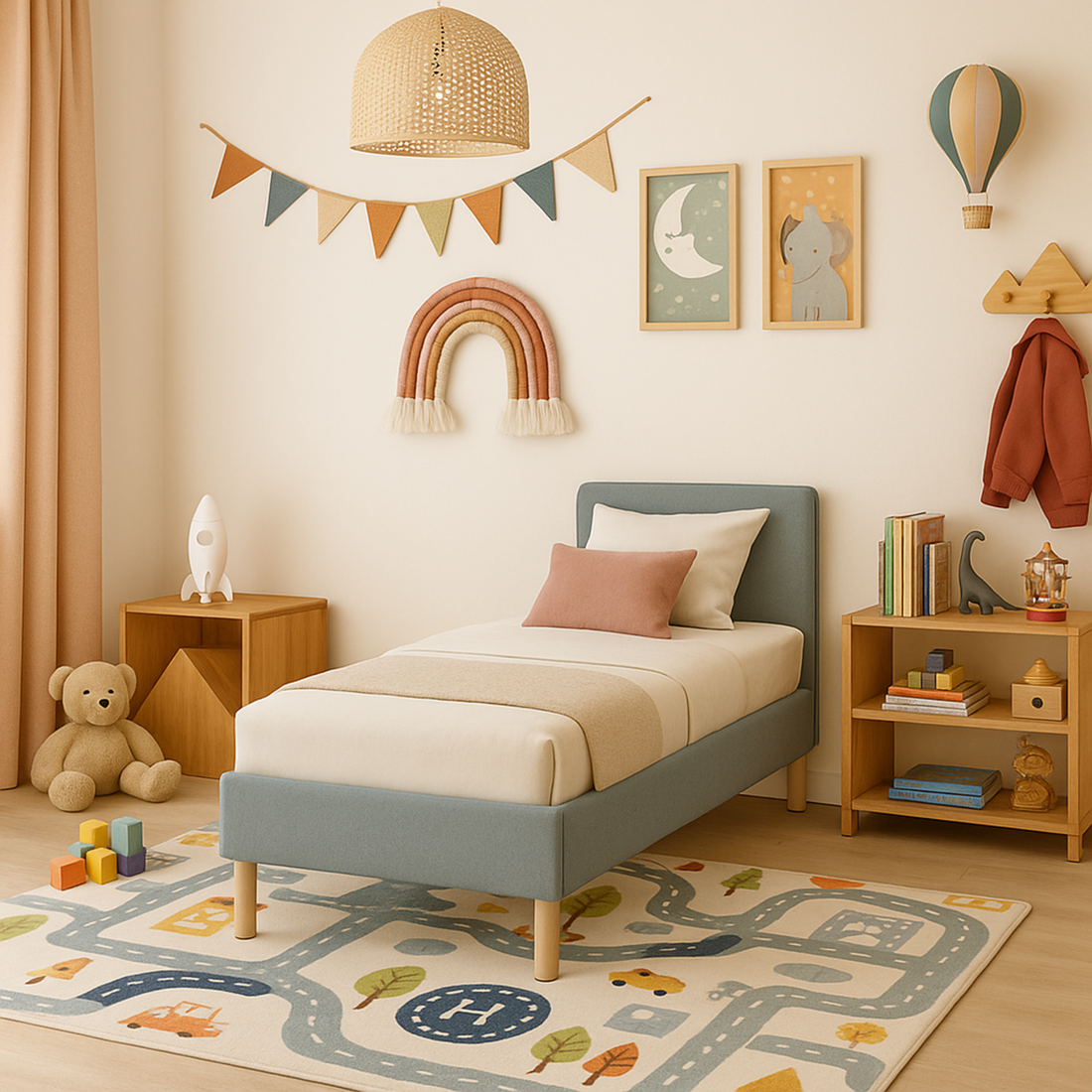 Lit enfant en tissu : sommier à lattes et encadrement collection Anastasia