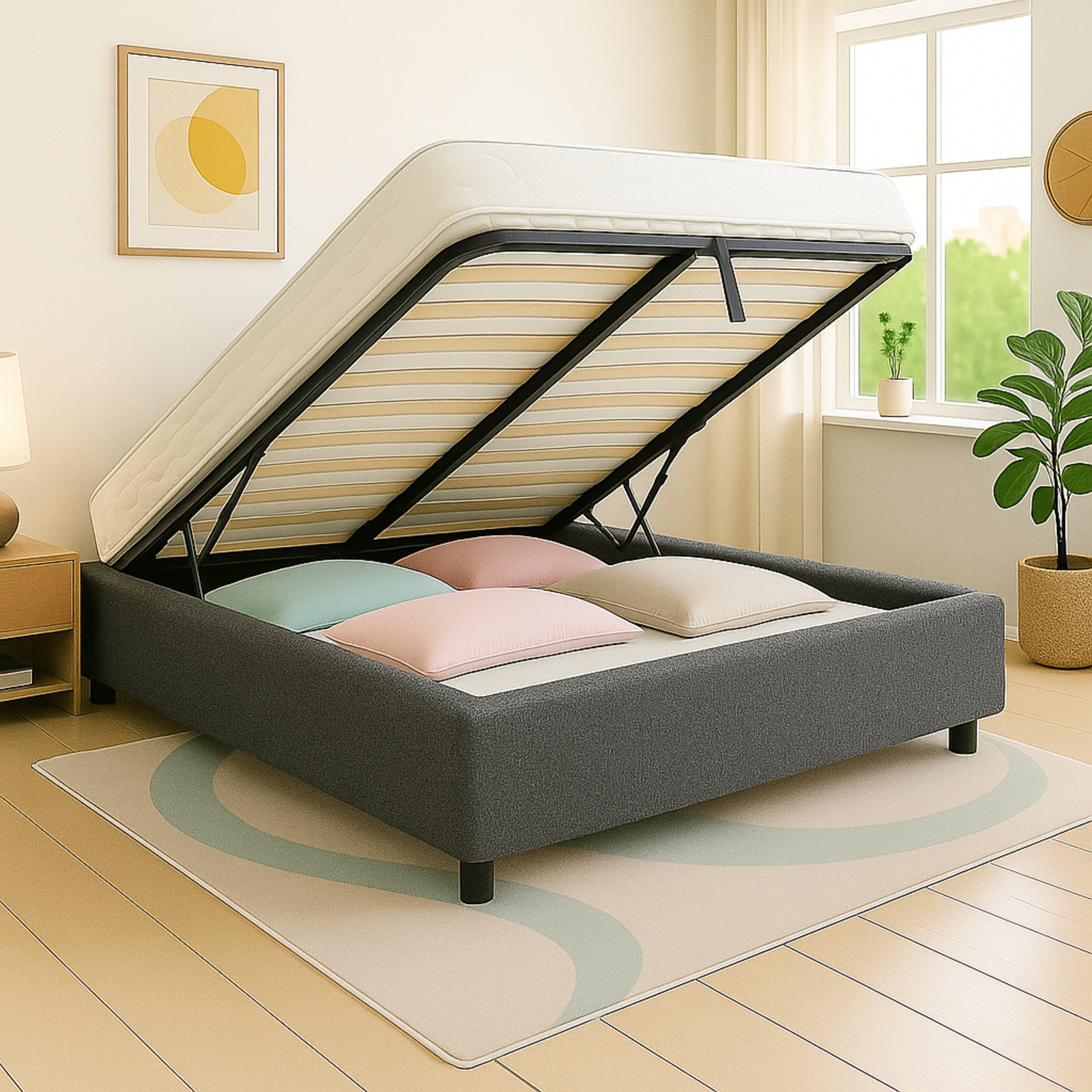 Lit coffre bouclette, lattes flexibles, grand espace de stockage - Collection Vegas