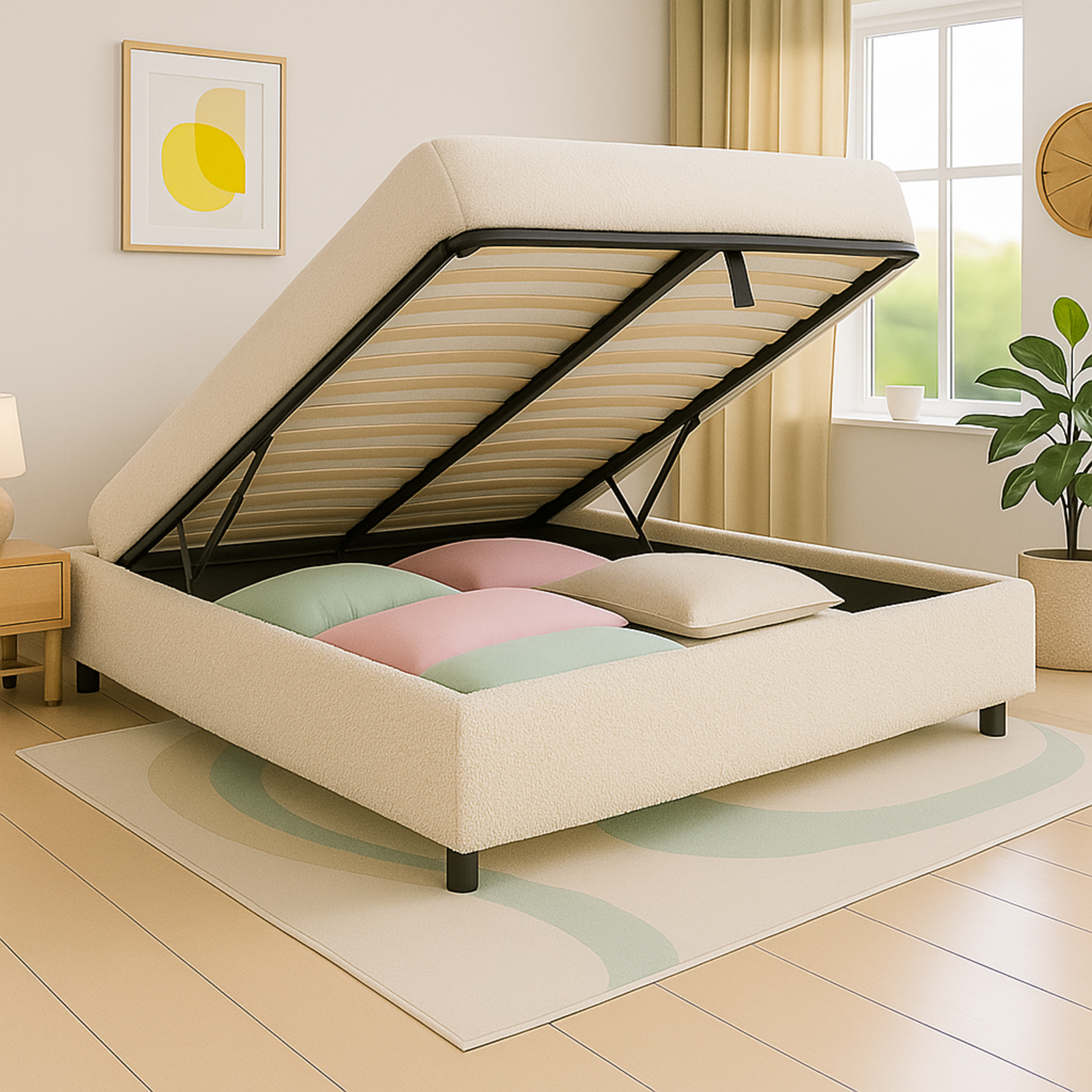 Lit coffre bouclette, lattes flexibles, grand espace de stockage - Collection Vegas