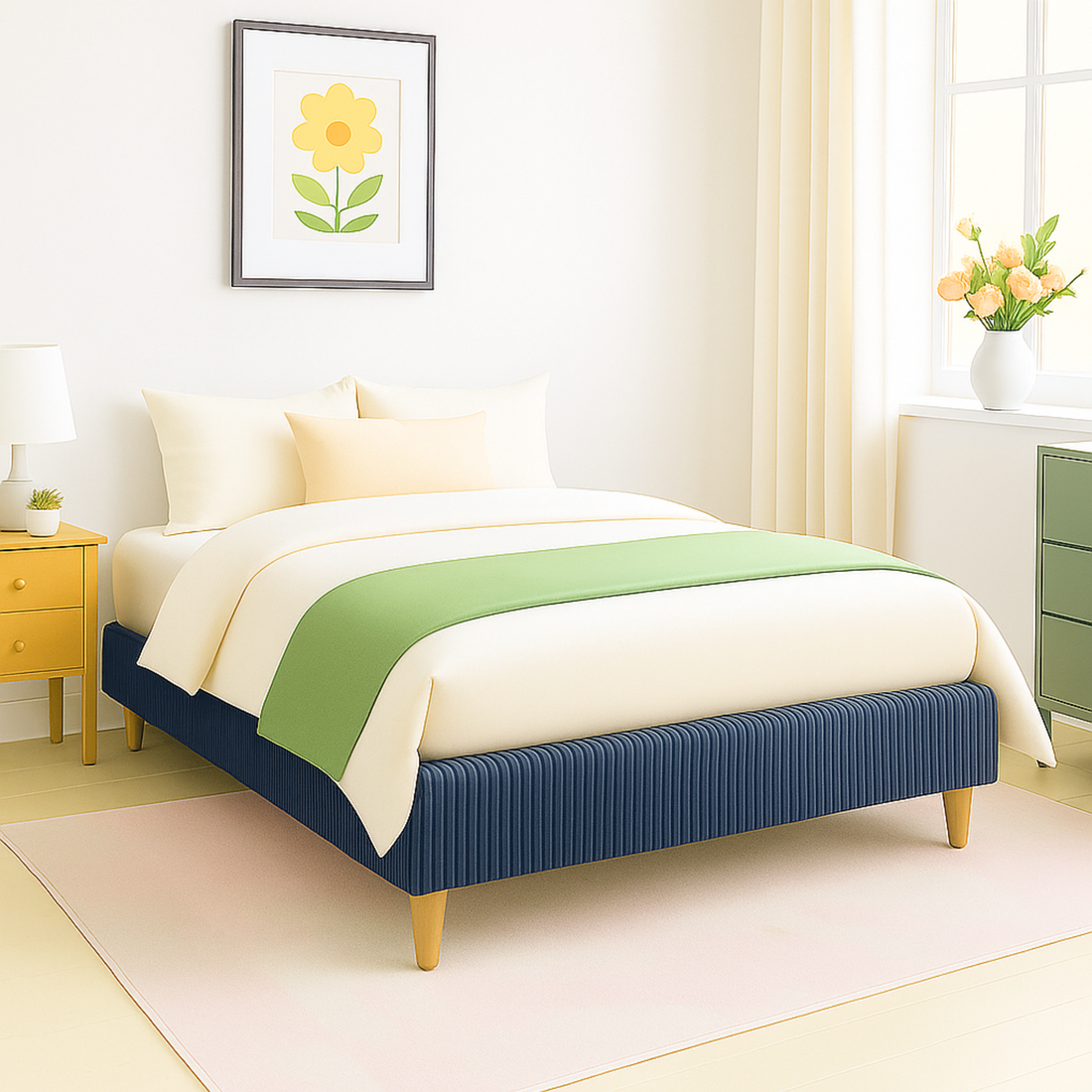 Sommier velours côtelé, cadre de lit, pieds bois, maintien bassin – Collection Deco