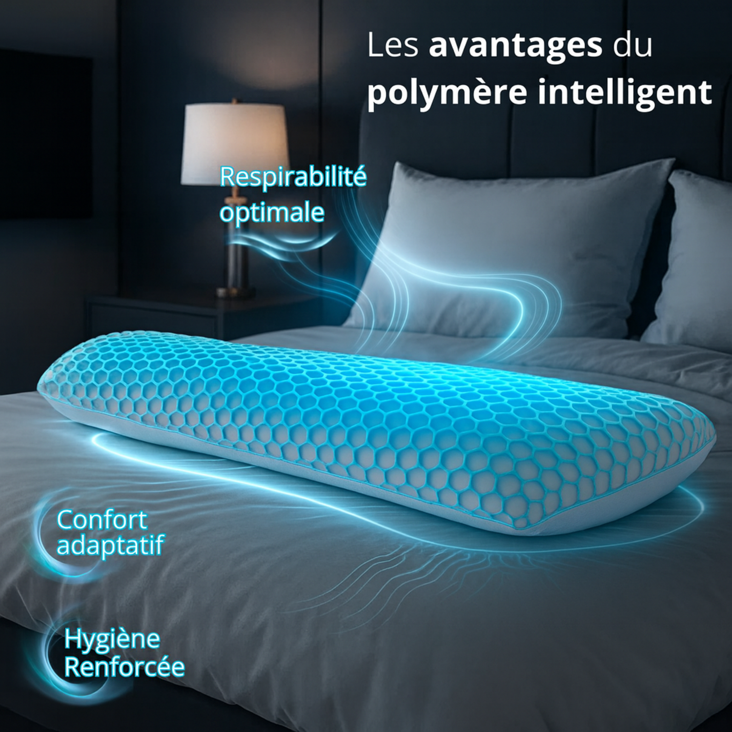 Traversin mémoire de forme intelligent, structure alvéolée, déhoussable - Collection TPE