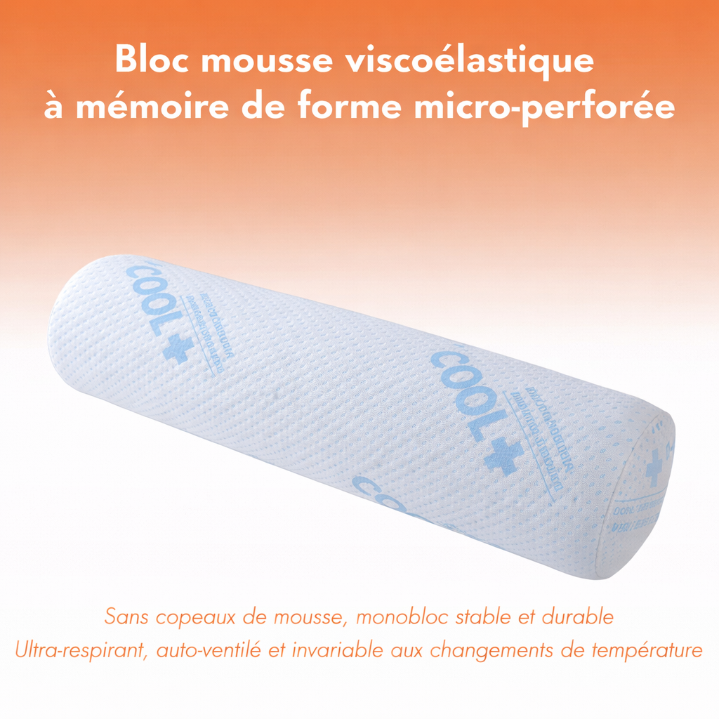 Traversin mémoire de forme rafraichissant, déhoussable, micro-perforé - Collection Frais