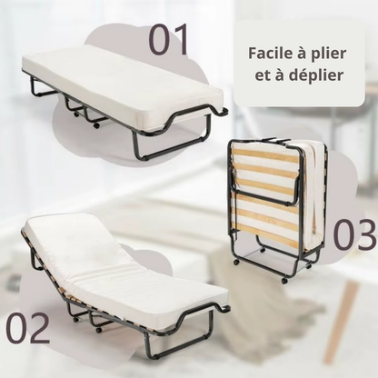 Lit pliant à roulettes avec matelas : lit d’appoint avec sommier à lattes flexibles - Collection Pliable