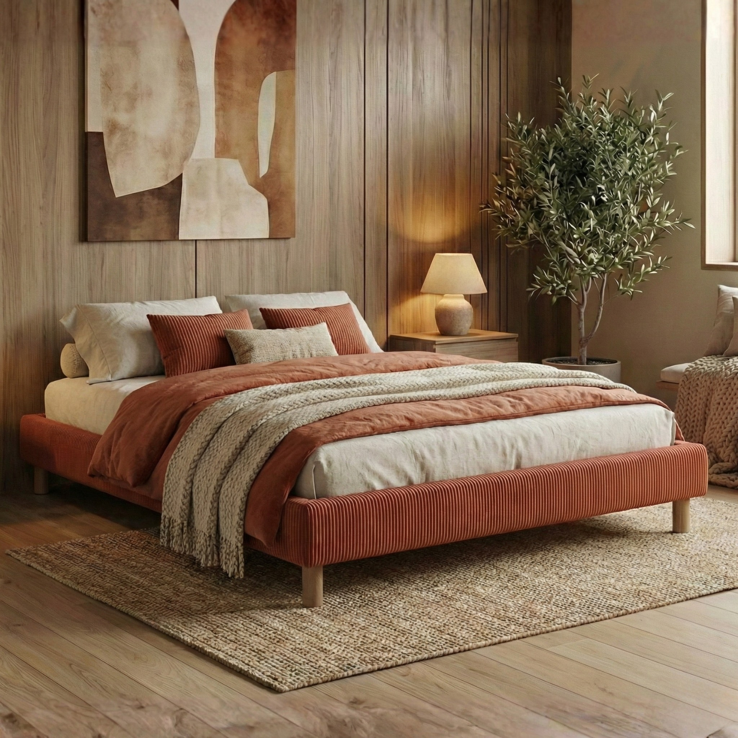 Corduroy bed base, bed frame, wooden legs, pelvic support – Deco Collection