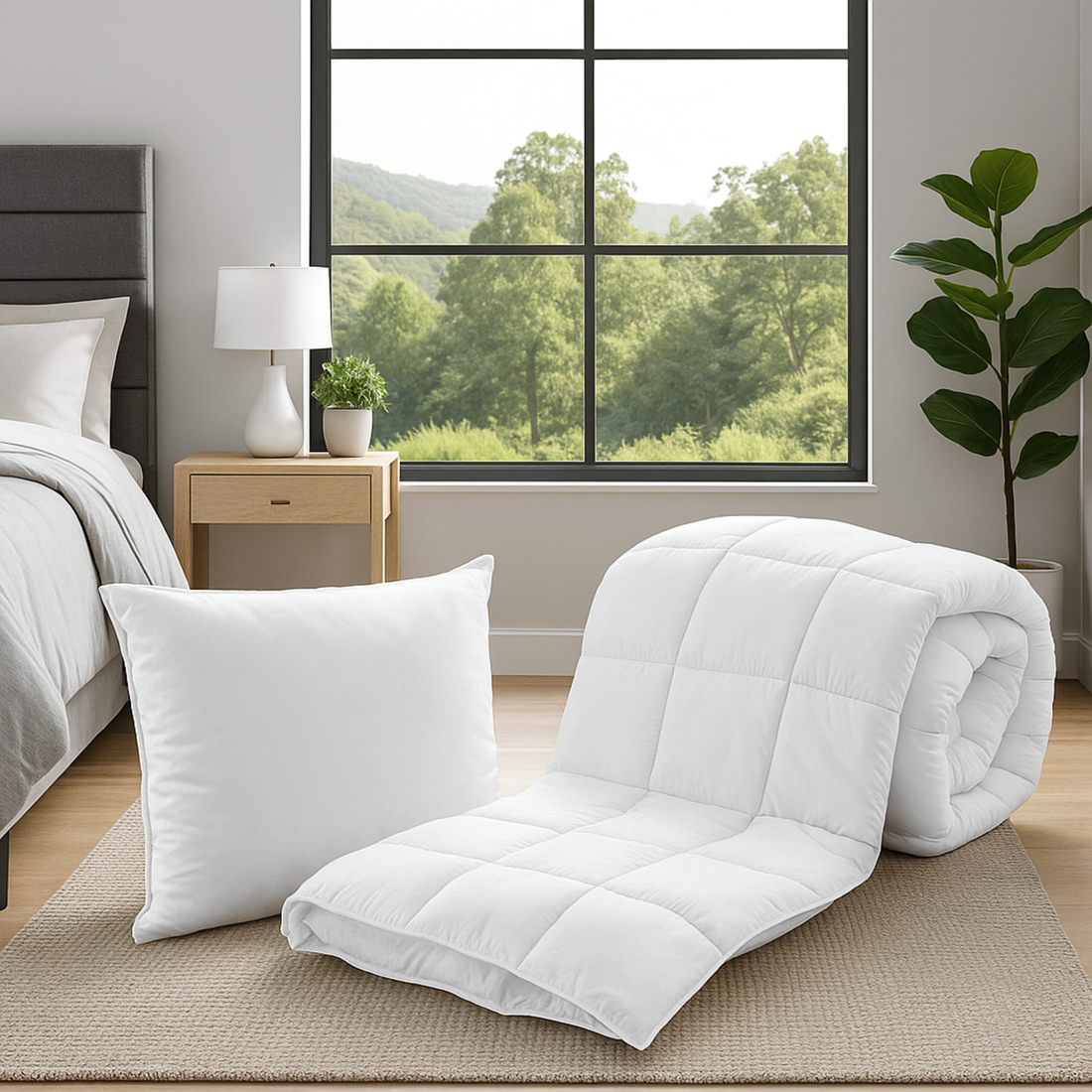 Couette légère 4 saisons : réversible et transformable en oreiller