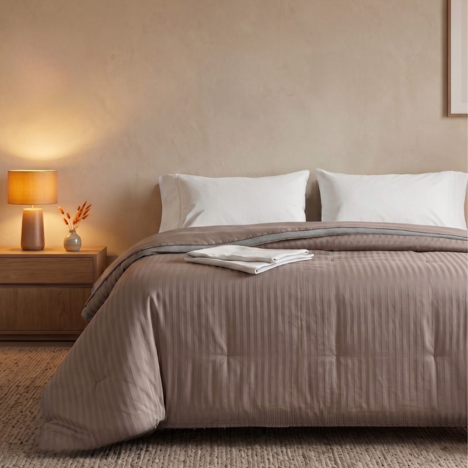 Luxury taupe 4-season duvet: reversible and thermoregulating
