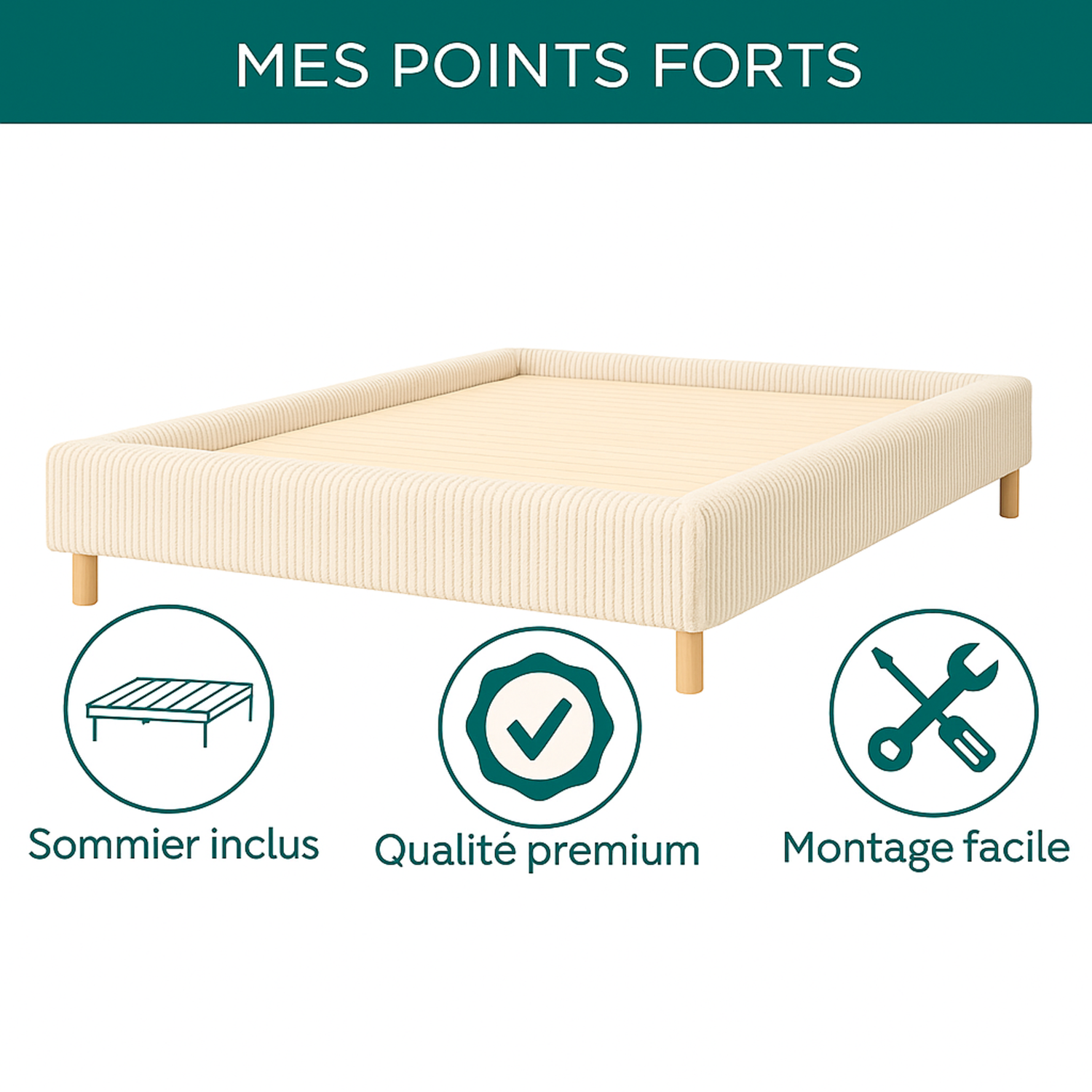 Sommier velours côtelé, cadre de lit, pieds bois, maintien bassin – Collection Deco