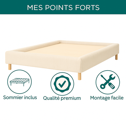 Sommier velours côtelé, cadre de lit, pieds bois, maintien bassin – Collection Deco