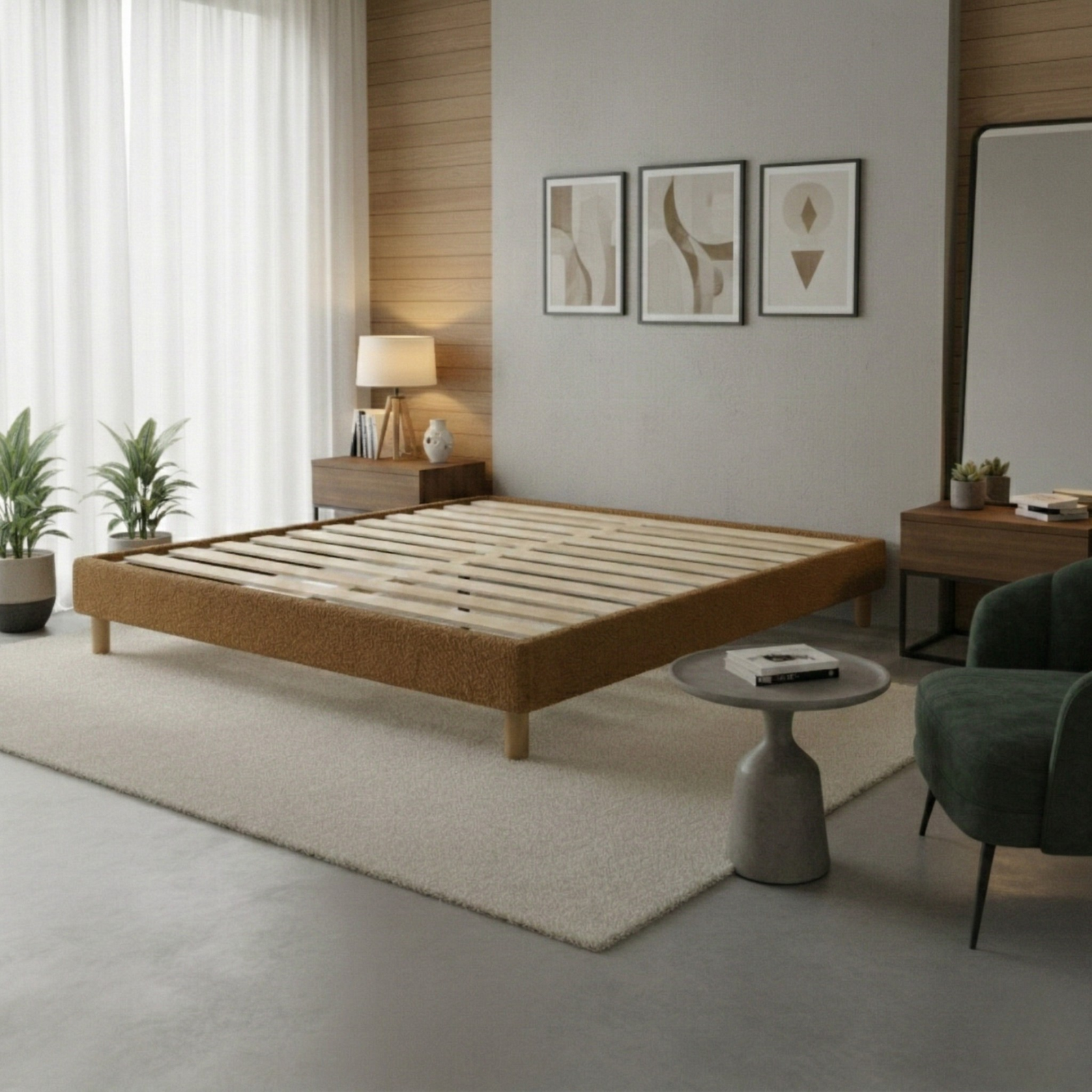 Sommier bouclette, cadre de lit, pieds bois, maintien bassin - Collection Deco