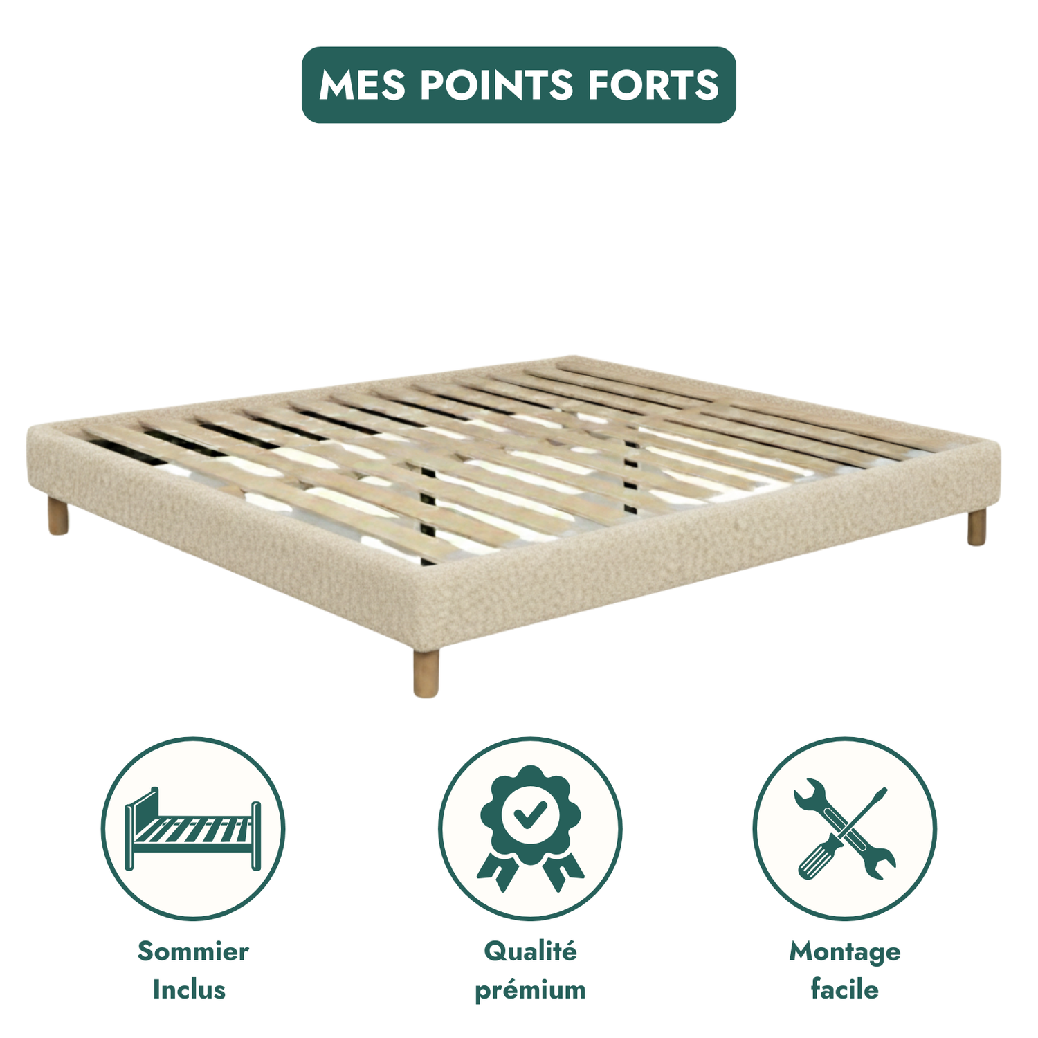 Sommier bouclette, cadre de lit, pieds bois, maintien bassin - Collection Deco