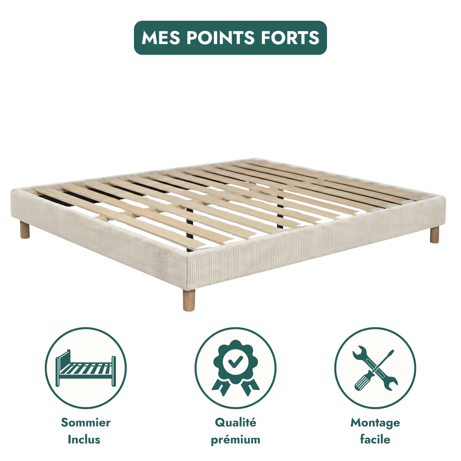 Sommier velours côtelé, cadre de lit, pieds bois, maintien bassin – Collection Deco