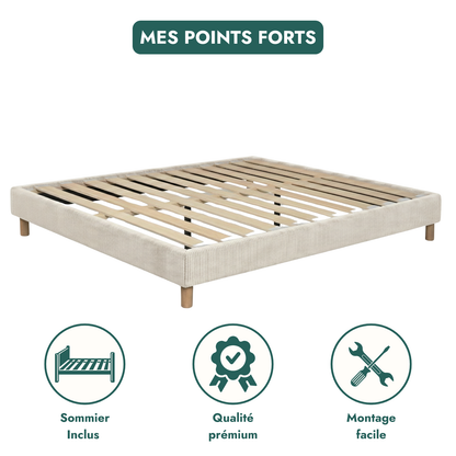 Sommier velours côtelé, cadre de lit, pieds bois, maintien bassin – Collection Deco