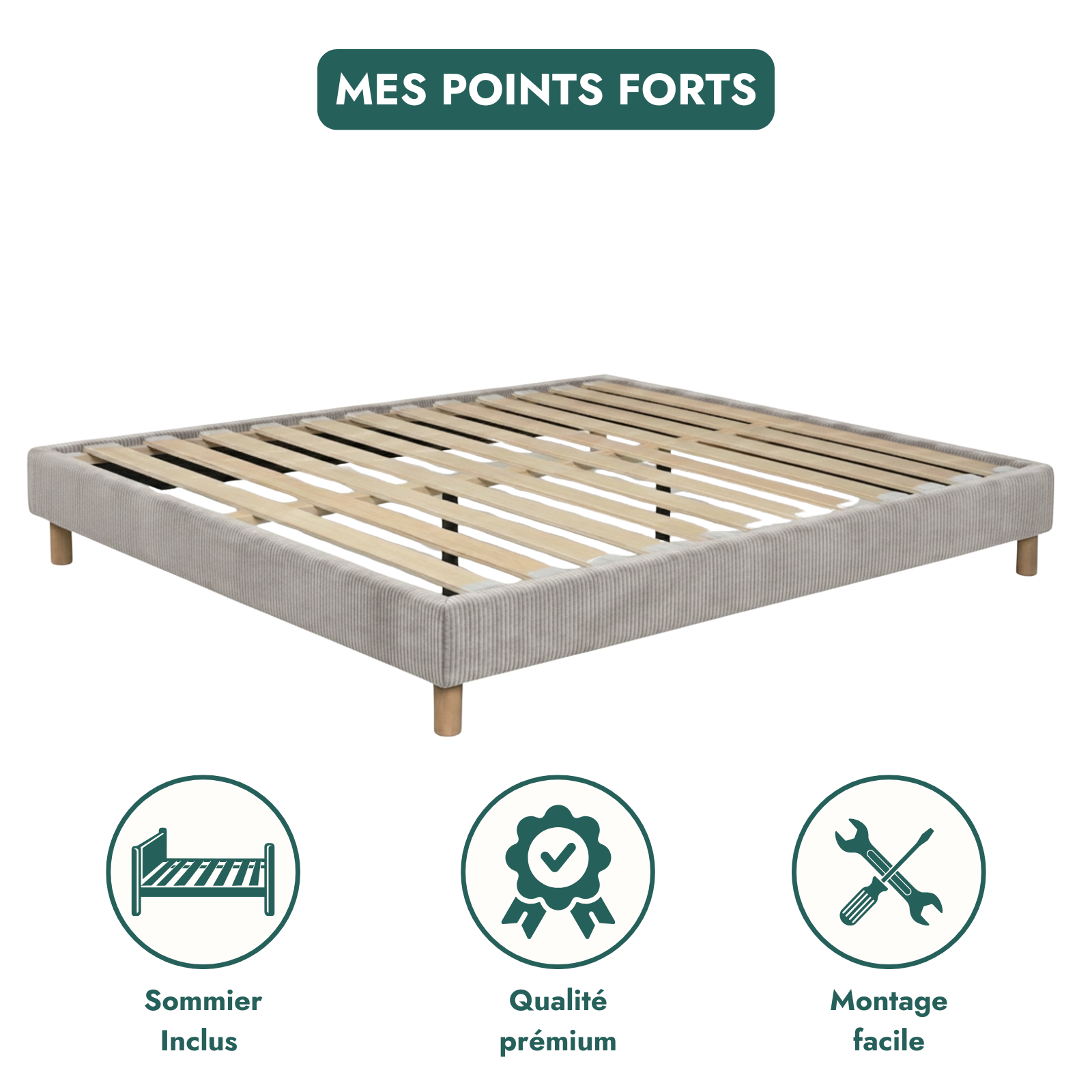 Sommier velours côtelé, cadre de lit, pieds bois, maintien bassin – Collection Deco