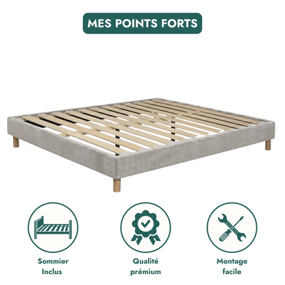 Sommier velours côtelé, cadre de lit, pieds bois, maintien bassin – Collection Deco