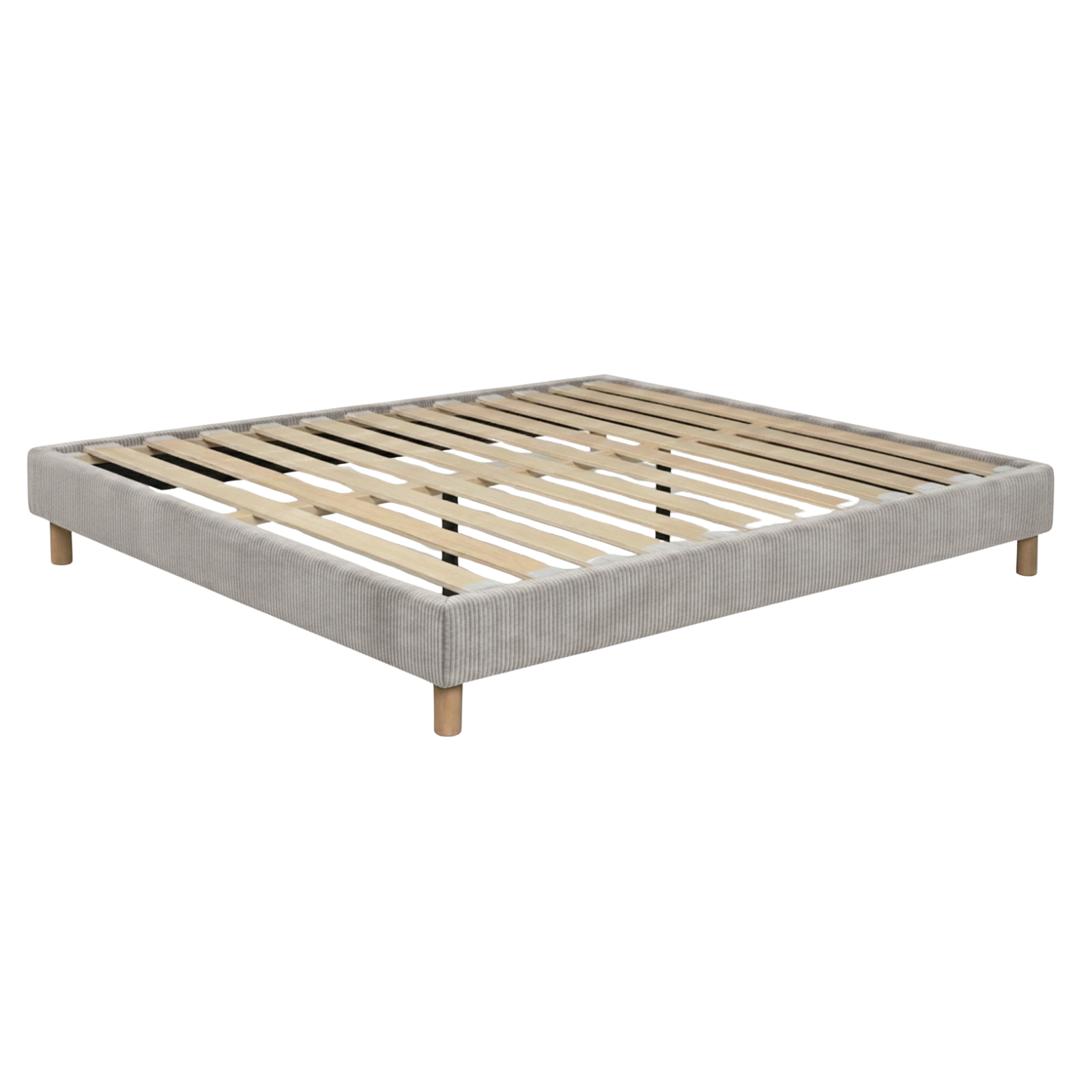 Sommier velours côtelé, cadre de lit, pieds bois, maintien bassin – Collection Deco