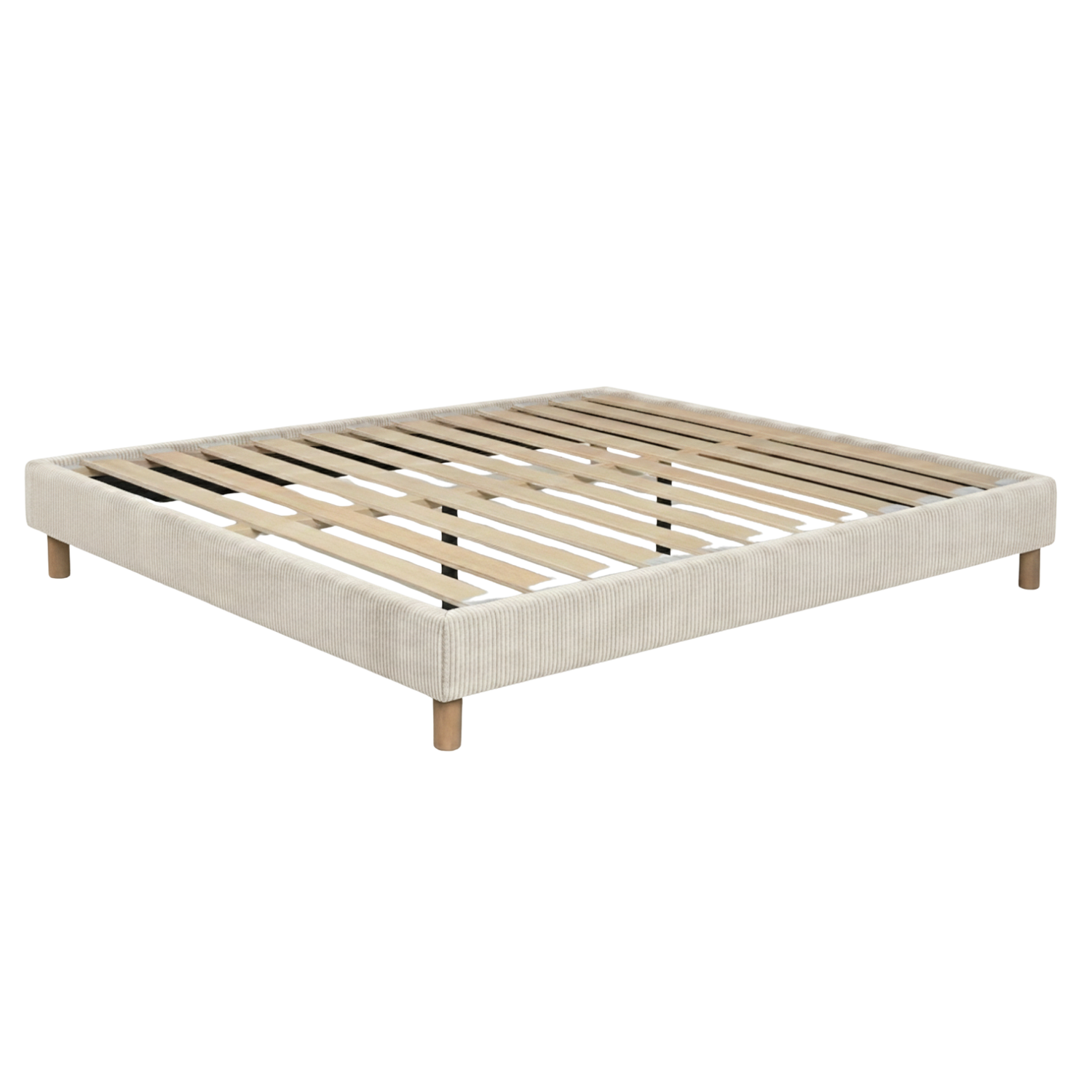 Sommier velours côtelé, cadre de lit, pieds bois, maintien bassin – Collection Deco