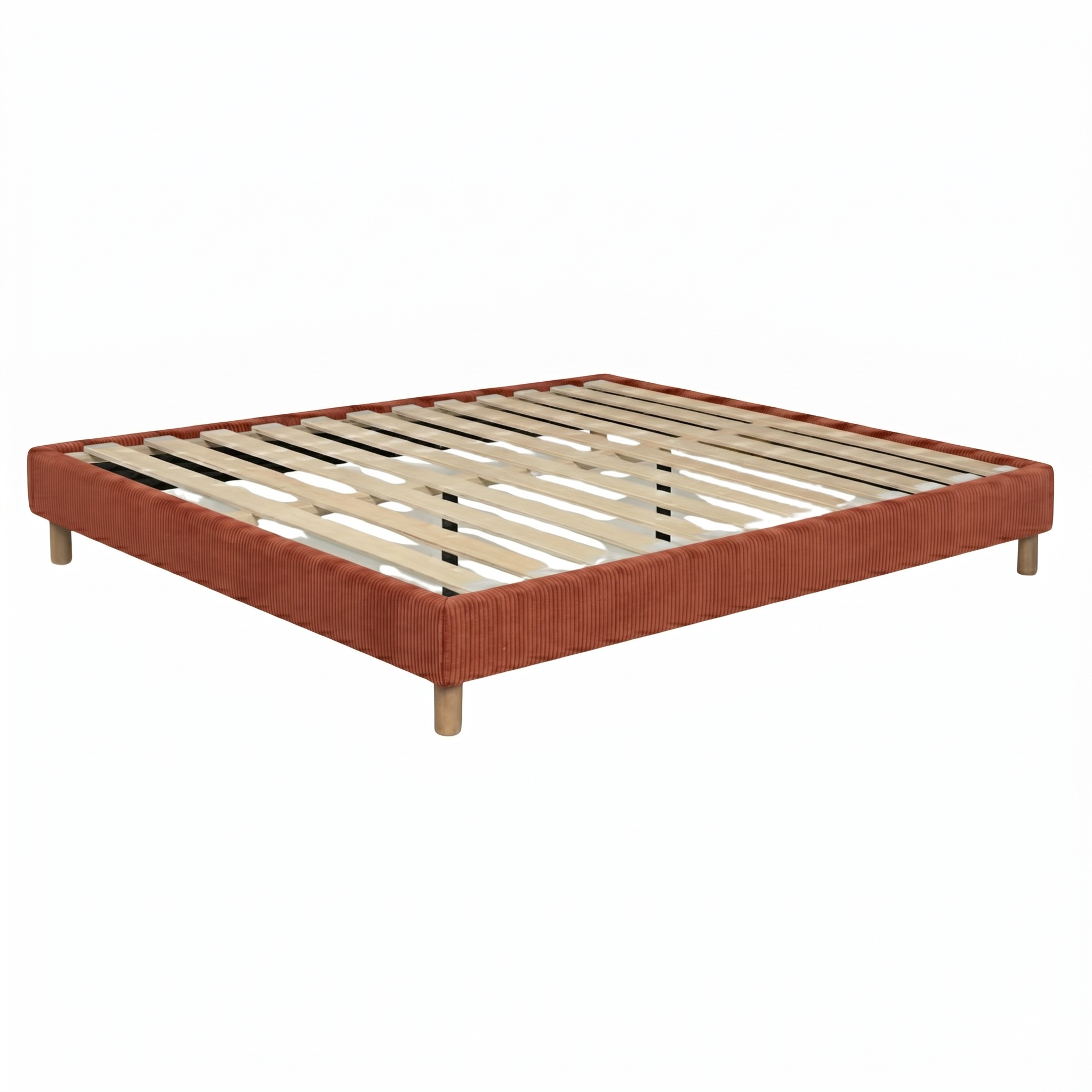 Sommier velours côtelé, cadre de lit, pieds bois, maintien bassin – Collection Deco