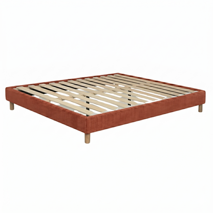 Sommier velours côtelé, cadre de lit, pieds bois, maintien bassin – Collection Deco