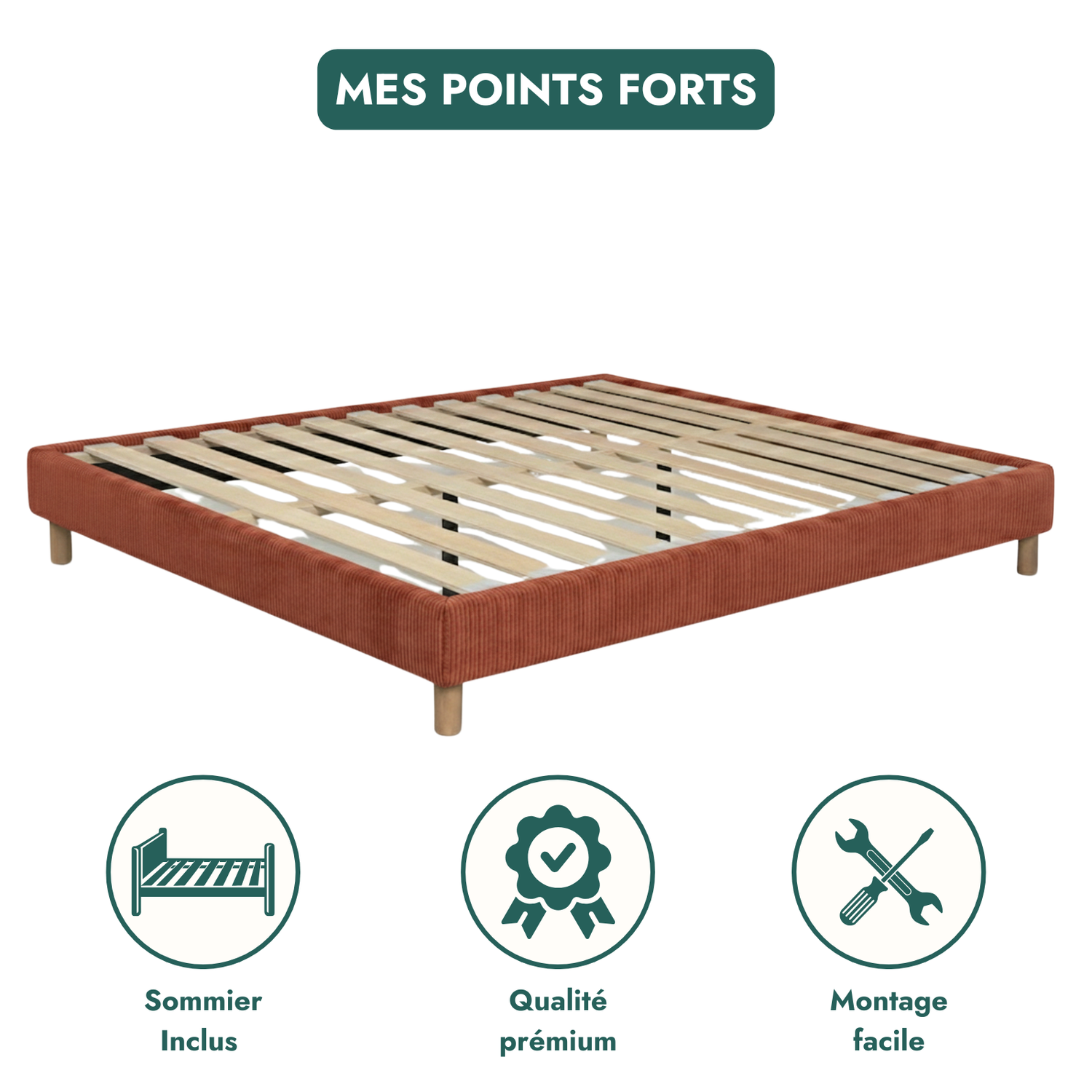 Corduroy bed base, bed frame, wooden legs, pelvic support – Deco Collection